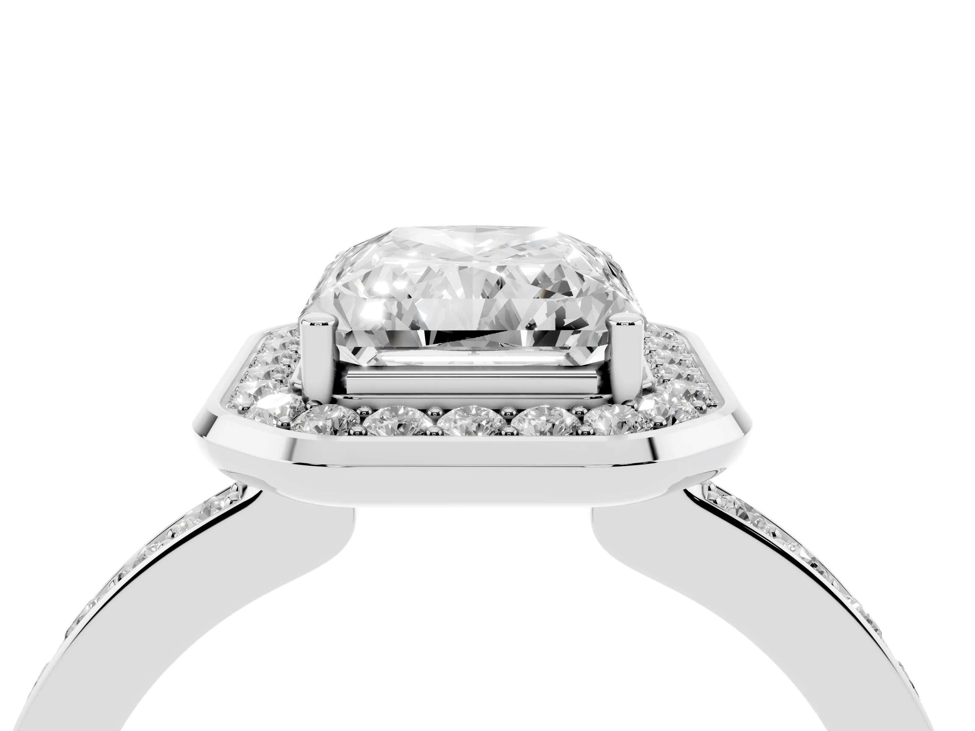 Radiant Cut Diamond Halo Ring Set in White gold with Bezel Frame and Pavé Band