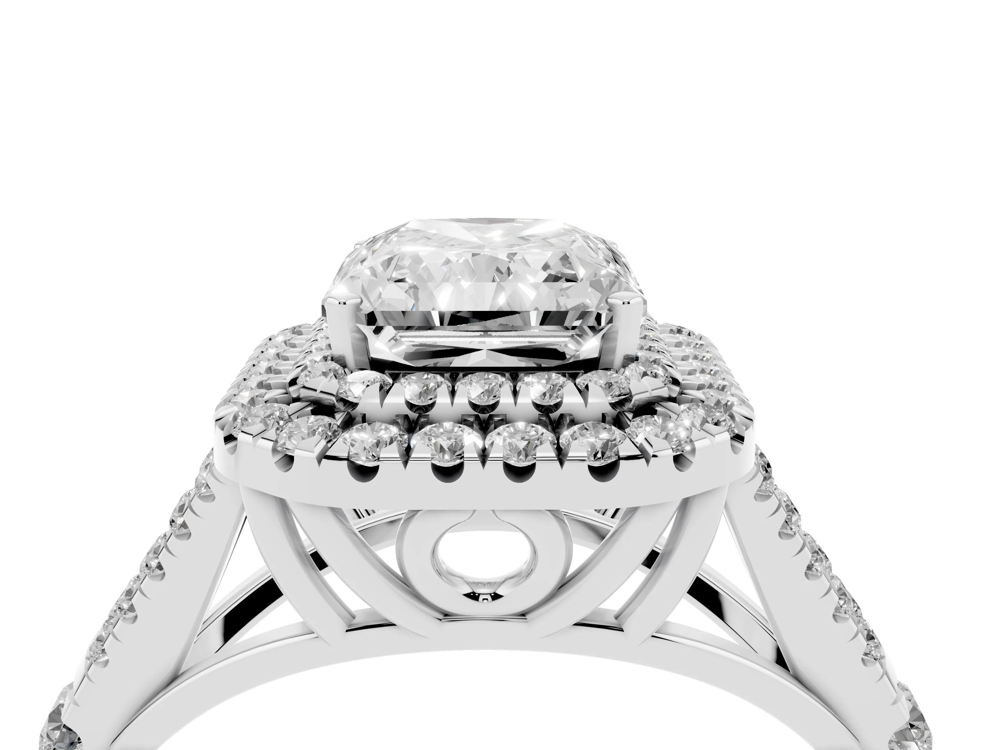 Radiant Cut Diamond Pavé Split Shank Double Halo Engagement Ring Set in White gold