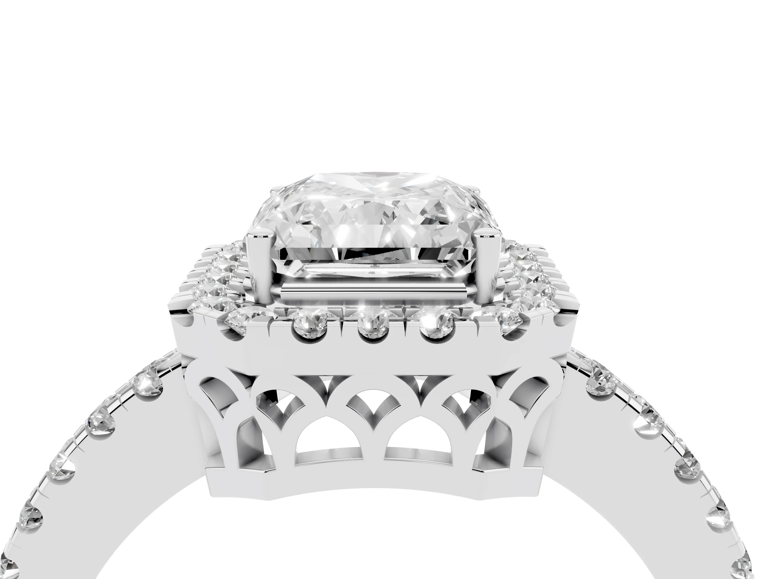 Radiant Cut Diamond Pavé Band Halo Engagement Ring Set in Platinum with Prong Setting