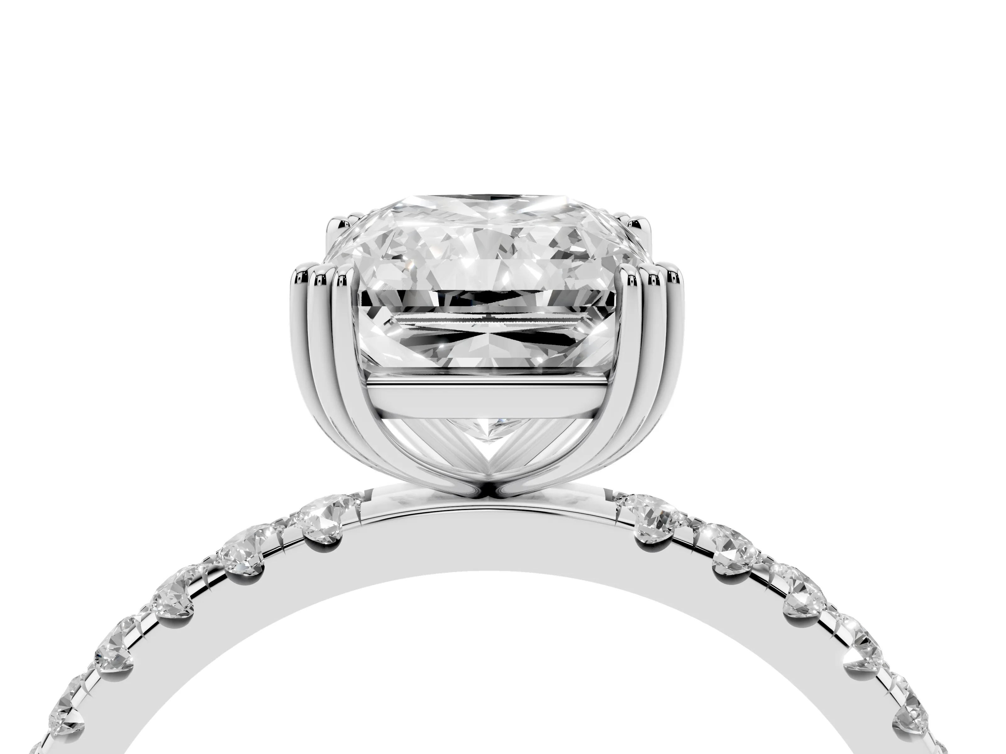 Radiant Cut Diamond Brilliant Solitaire Set in White gold with Pavé Band and Claw Prong Setting