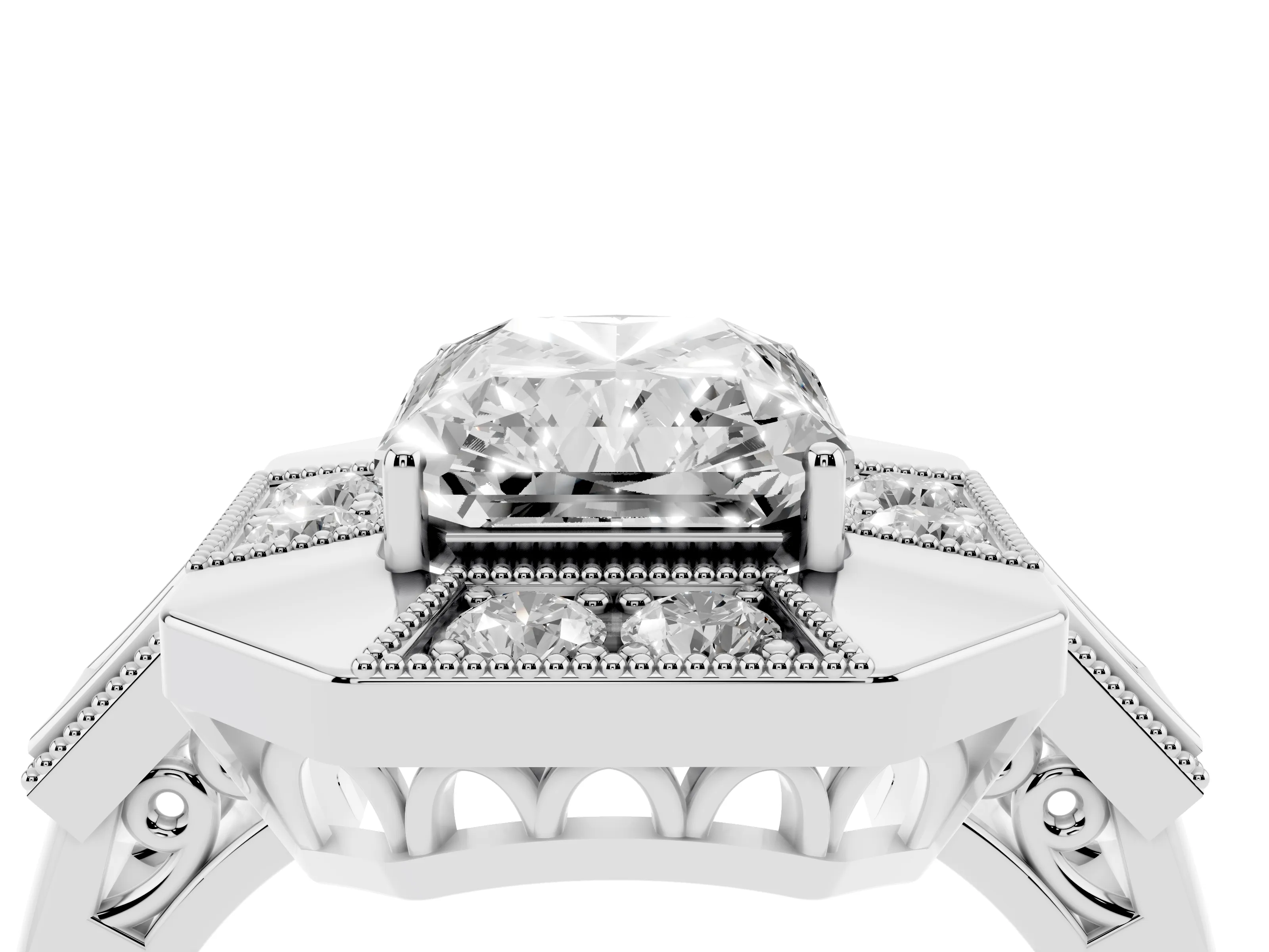 Radiant Cut Diamond Milgrain Halo Ring Set in Silver with Split Shank