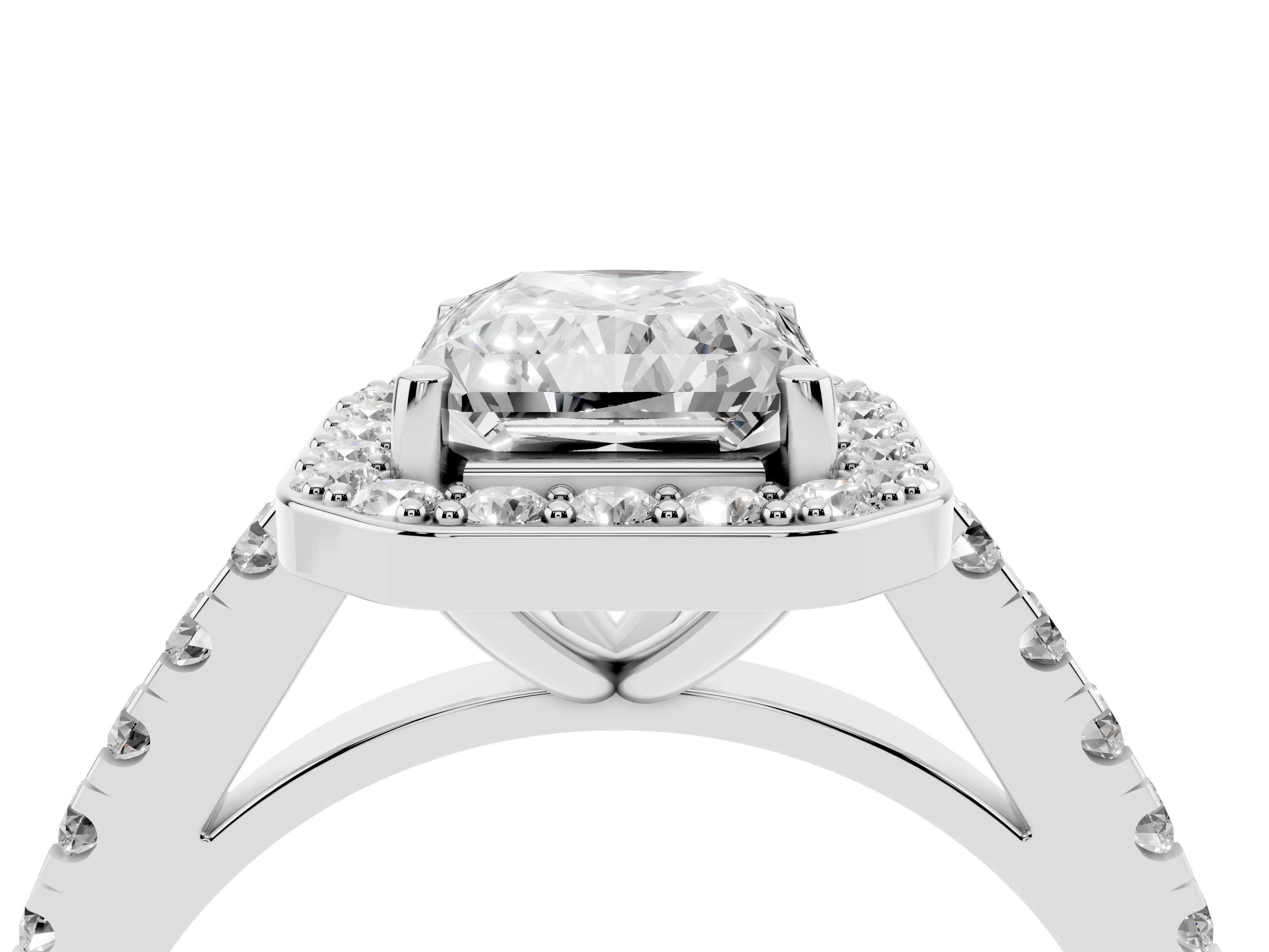 Radiant Cut Diamond Halo Ring Set in Silver with Round Pavé Split Shank and Prong Setting
