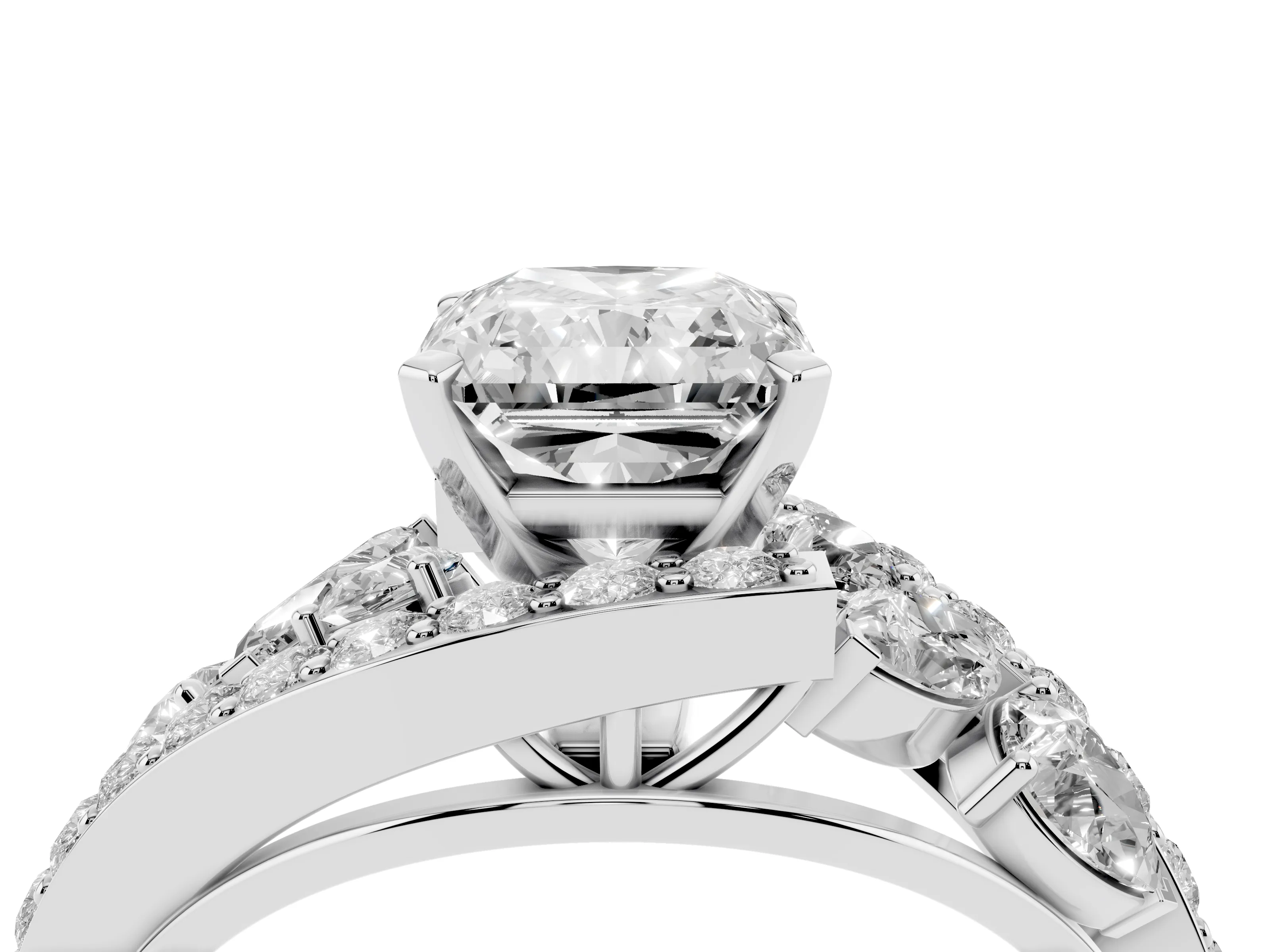 Radiant Cut Diamond Halo Ring Set in Platinum with Marquise and Pavé Band in Prong Setting