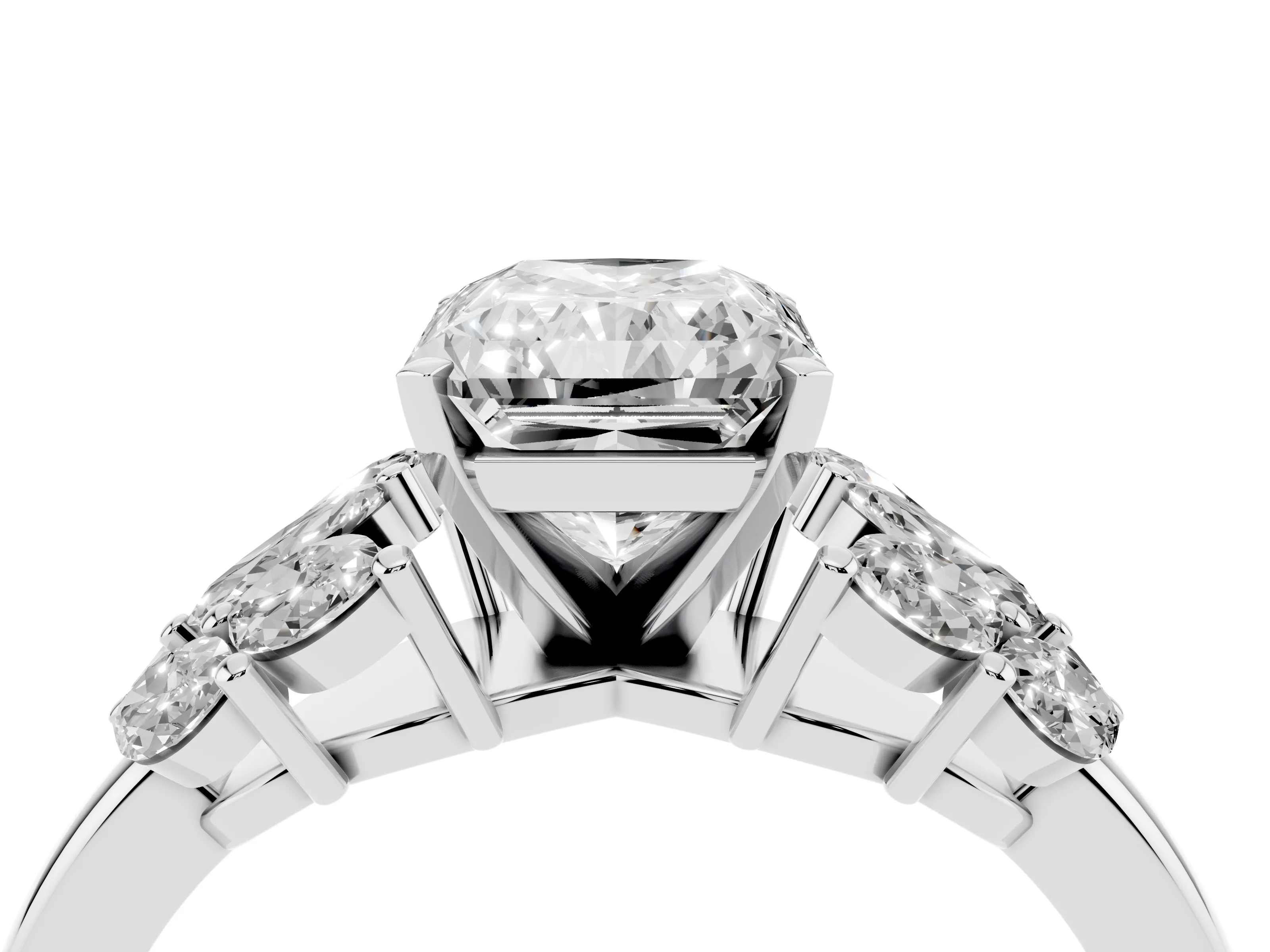 Radiant Cut Diamond Cluster Leaf Design Ring Set in Platinum with Prong Setting