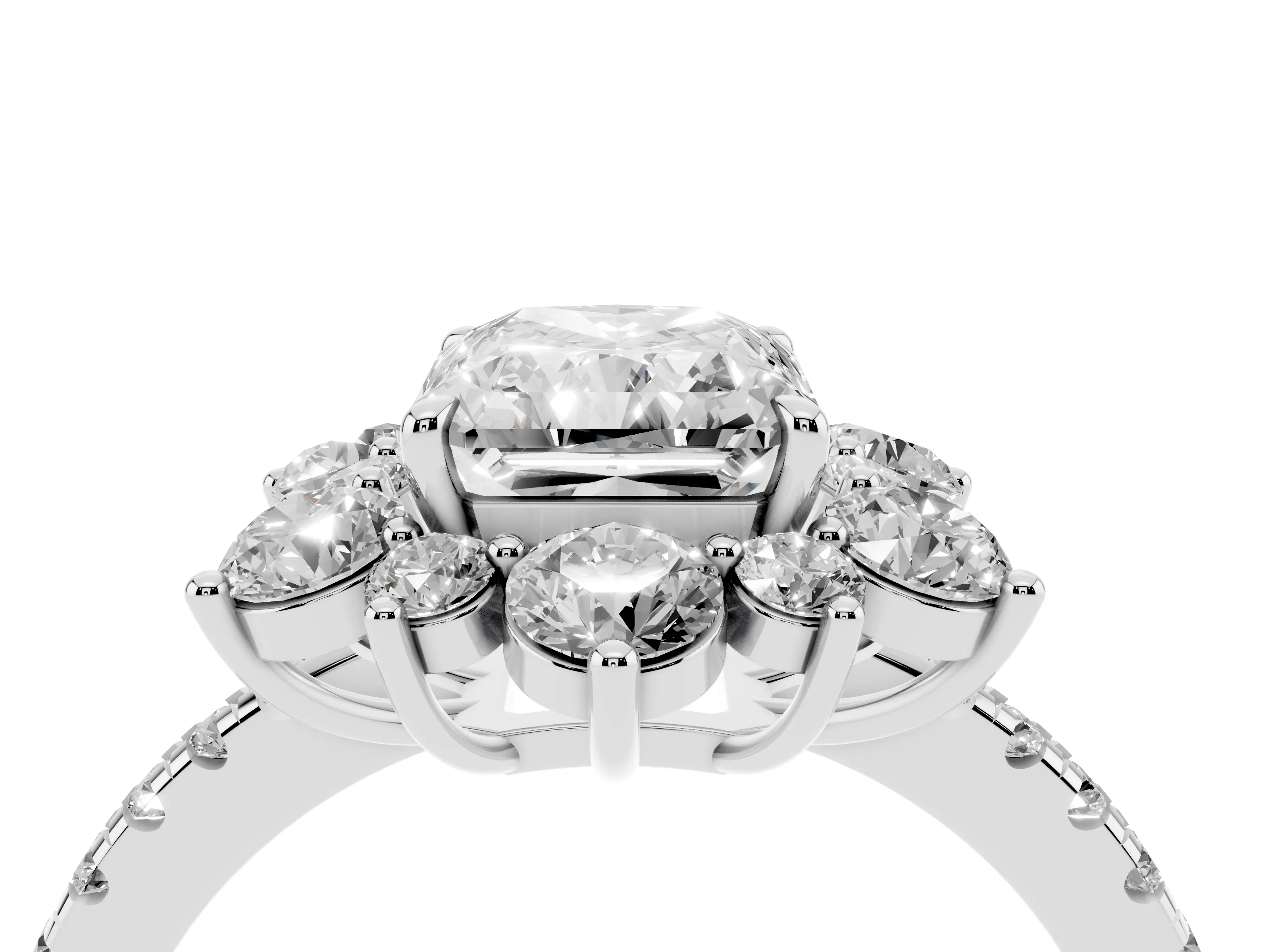 Radiant Cut Diamond Floral Halo Ring Set in Platinum with Round Pavé Band and Prong Setting