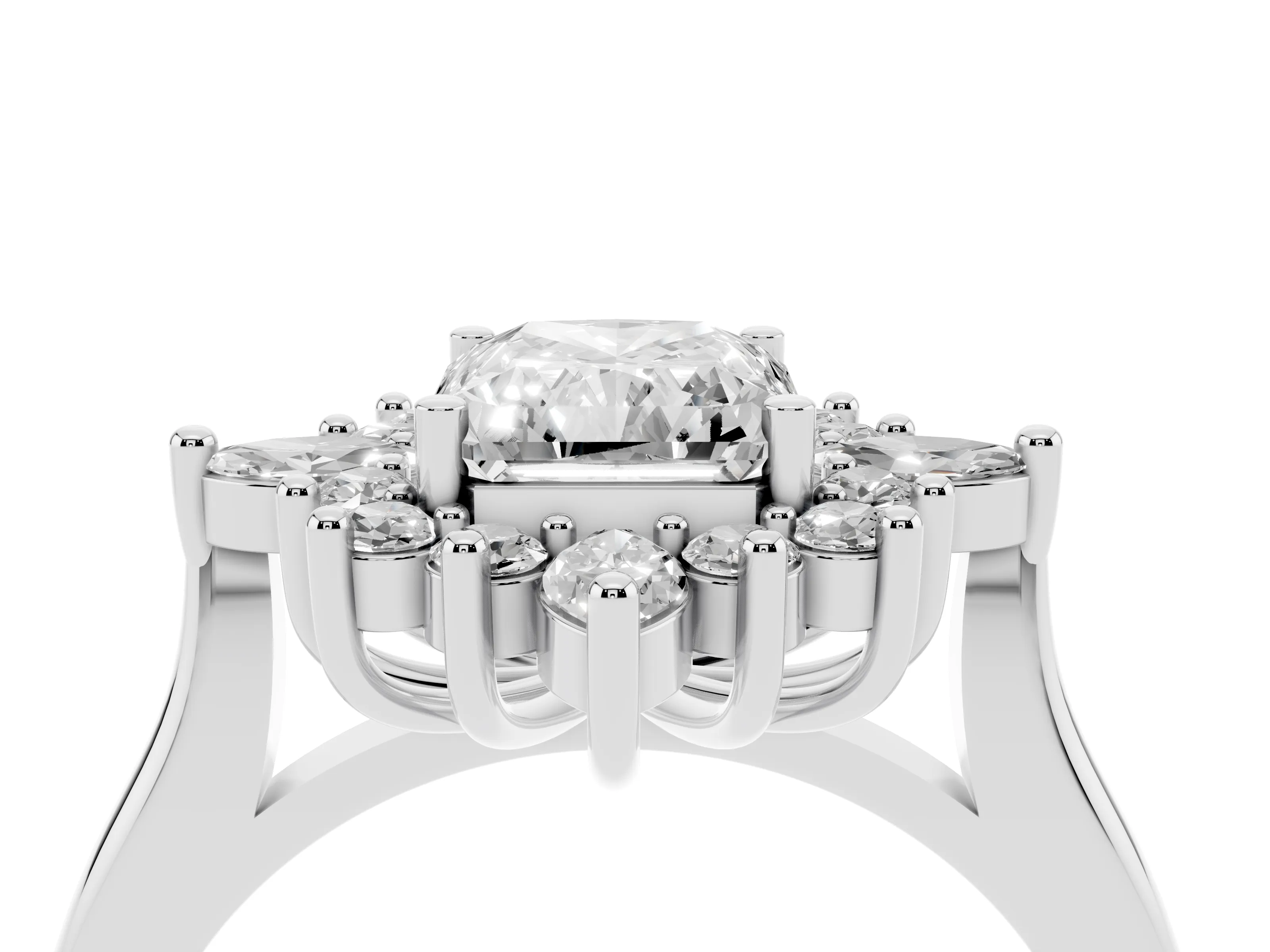 Radiant Cut Diamond Cluster Halo Ring Set in Silver with Marquise and Round Accents
