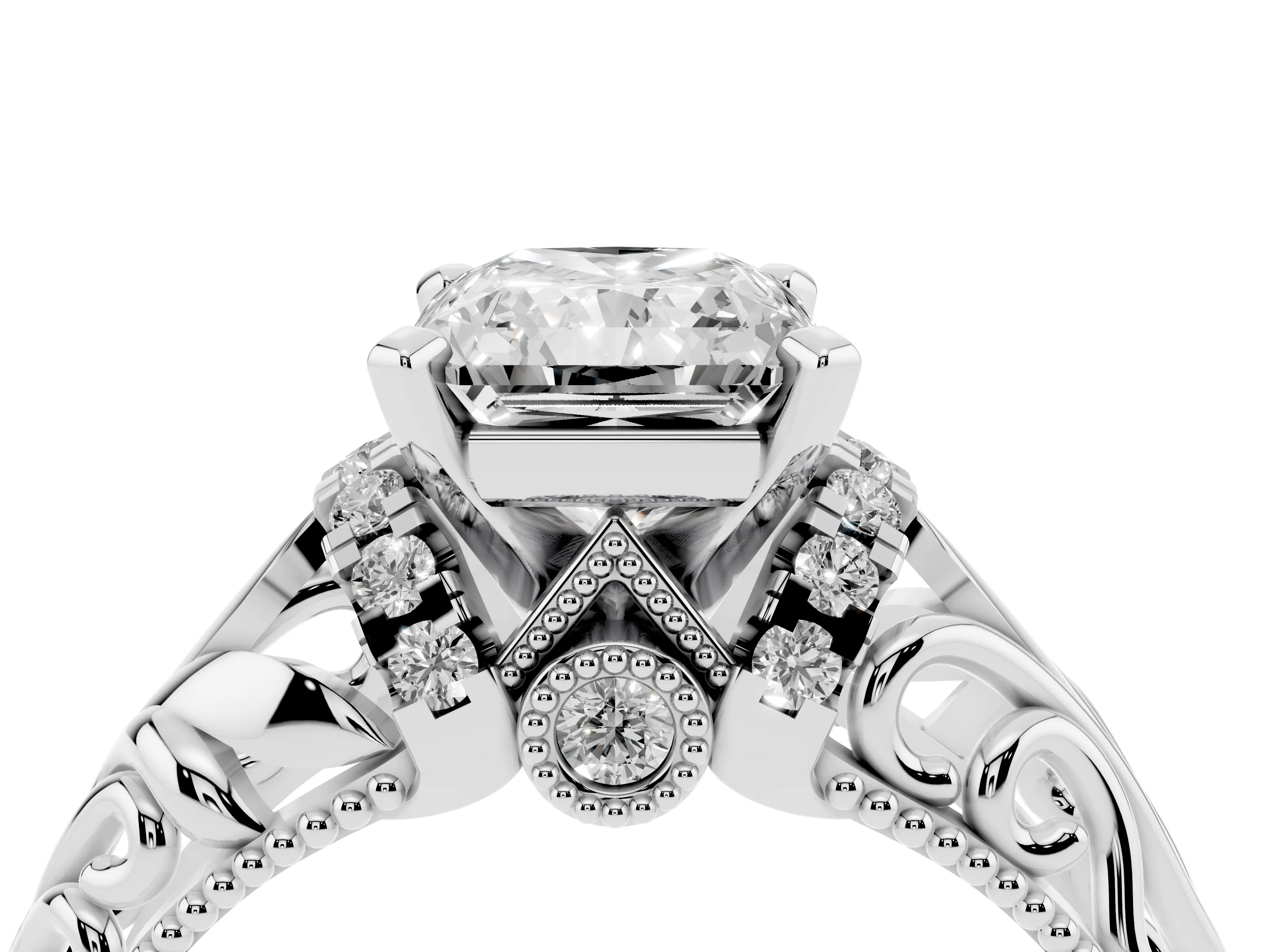 Radiant Cut Diamond Filigree Halo Engagement Ring Set in Silver with Prong Setting
