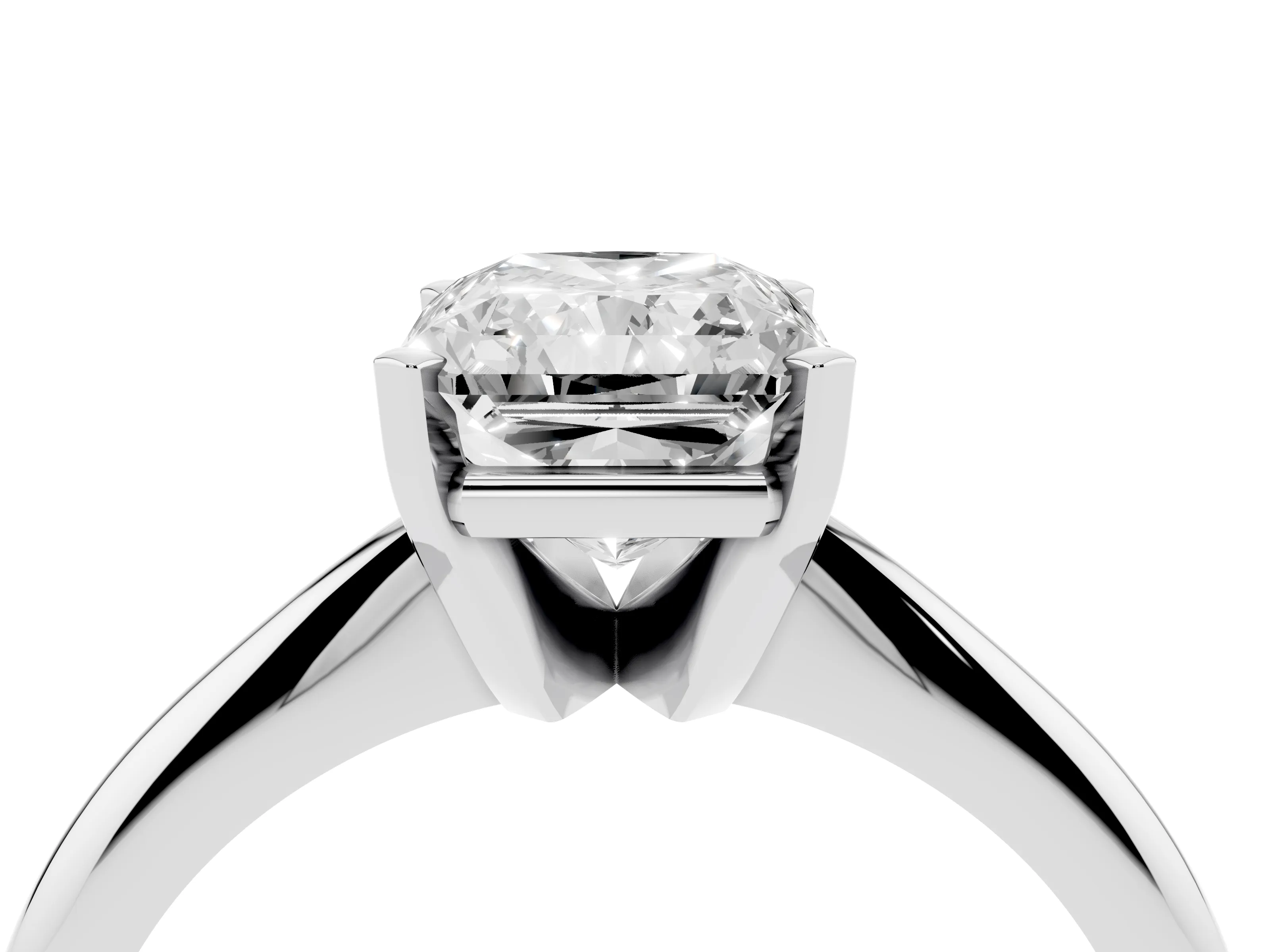 Radiant Cut Diamond Solitaire Ring Set in Platinum with Prong Setting on a Plain Round Band