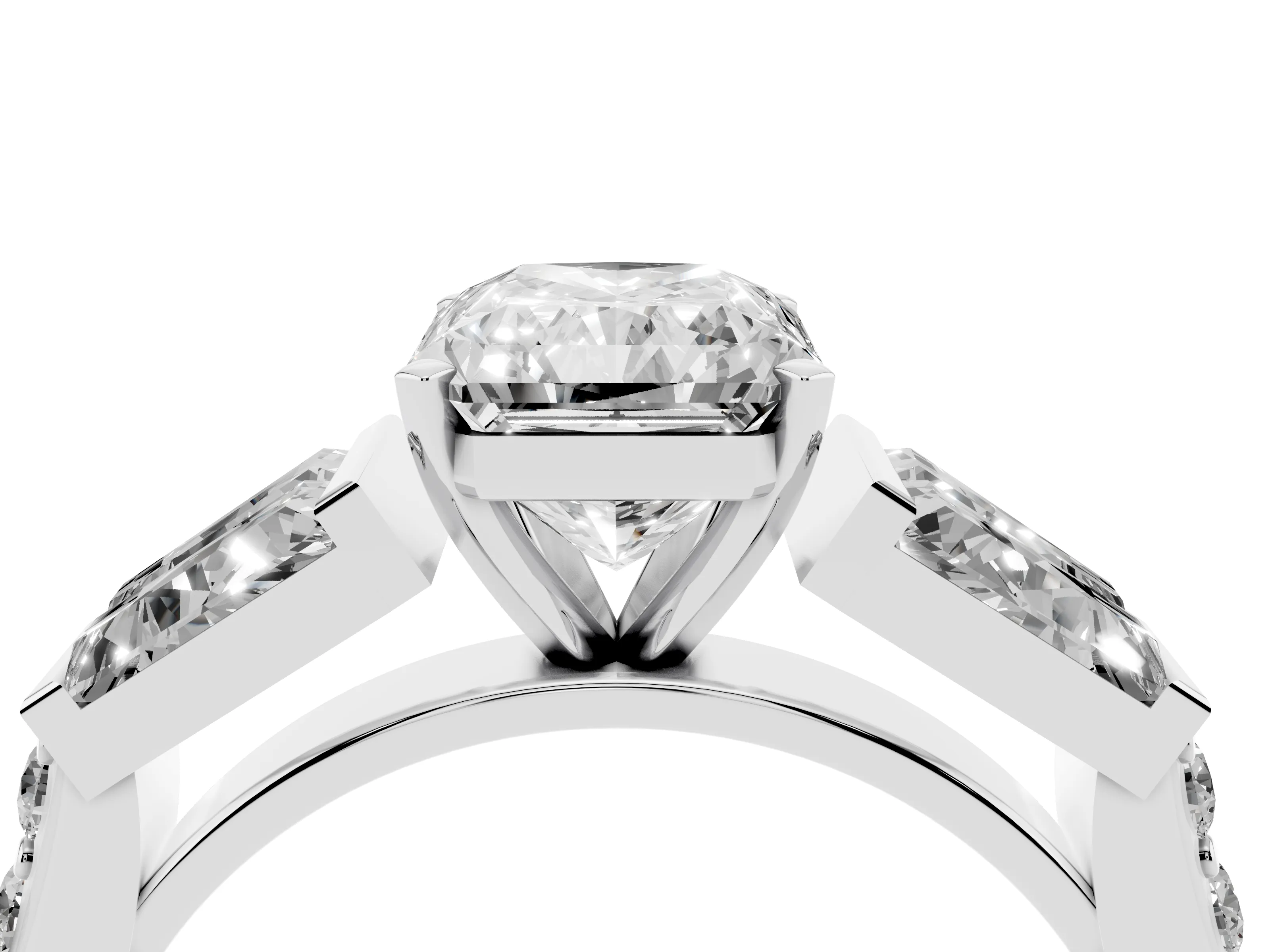 Radiant Cut Diamond Engagement Ring Set in White gold with Baguette Side Stones and Channel Set Band