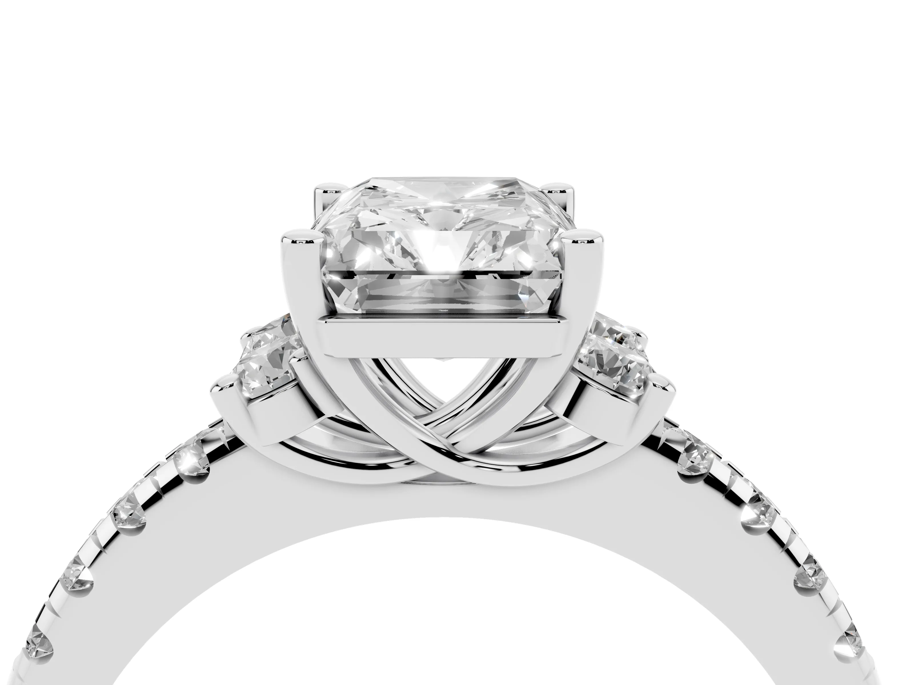 Radiant Cut Diamond Three-Stone Pavé Ring Set in Silver with Prong Setting