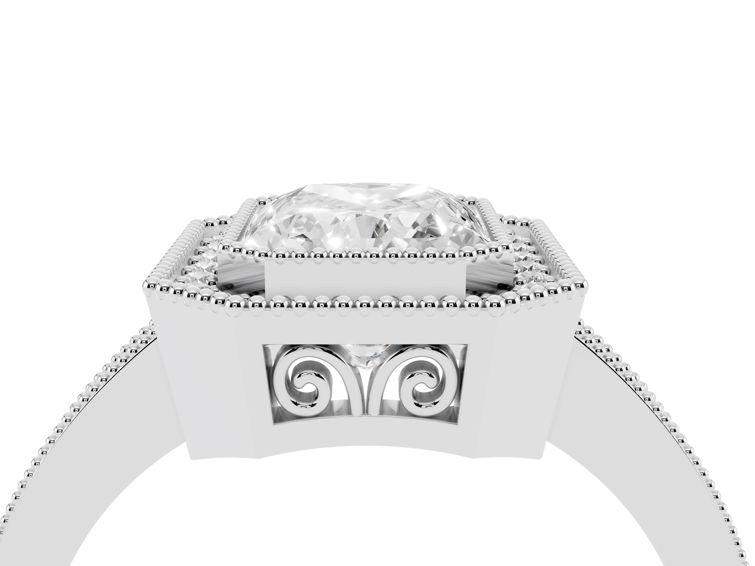 Radiant Cut Diamond Halo Ring Set in White gold with Pavé Band and Milgrain-Edged Prongs