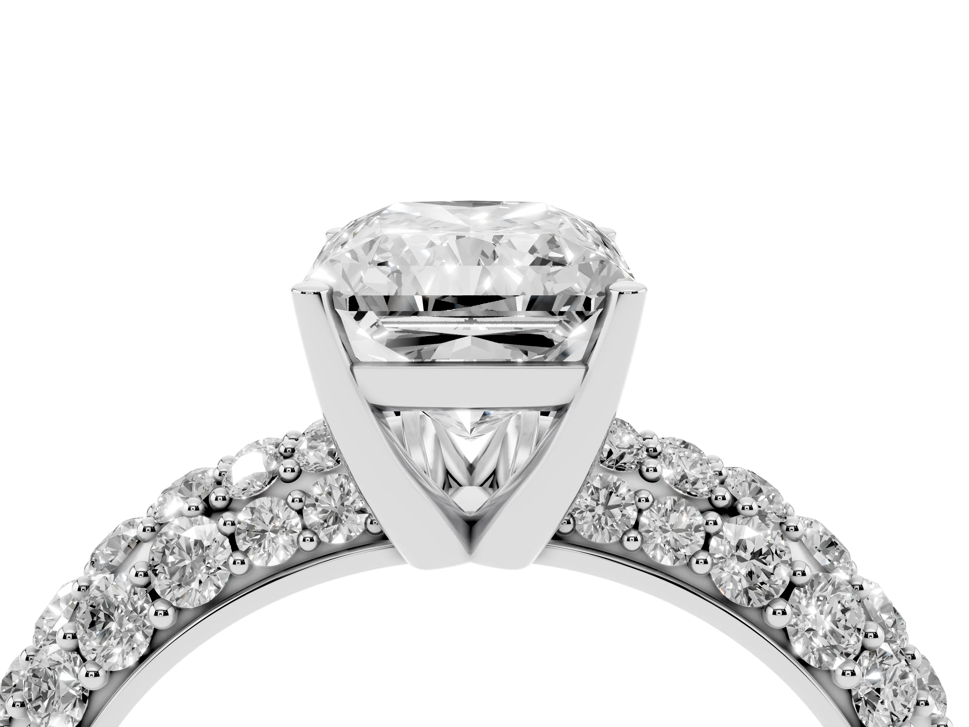 Radiant Cut Diamond Pavé Band Solitaire Ring Set in White gold with Close-Set Accent Stones and Prong Setting