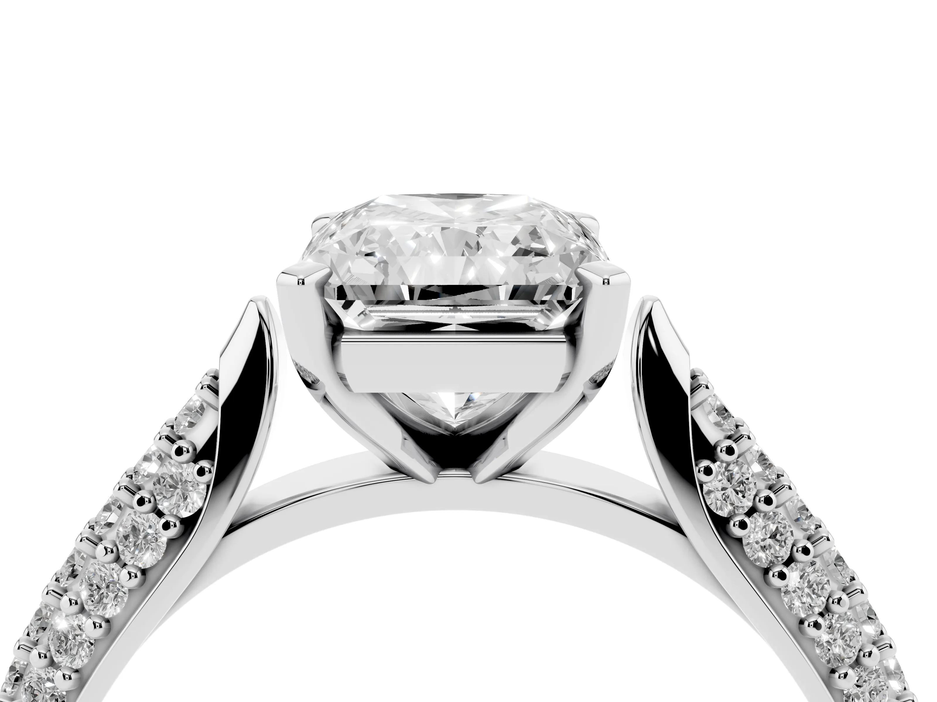 Radiant Cut Diamond Solitaire Engagement Ring Set in Platinum with Multi-Row Round Pavé Band and Prong Setting