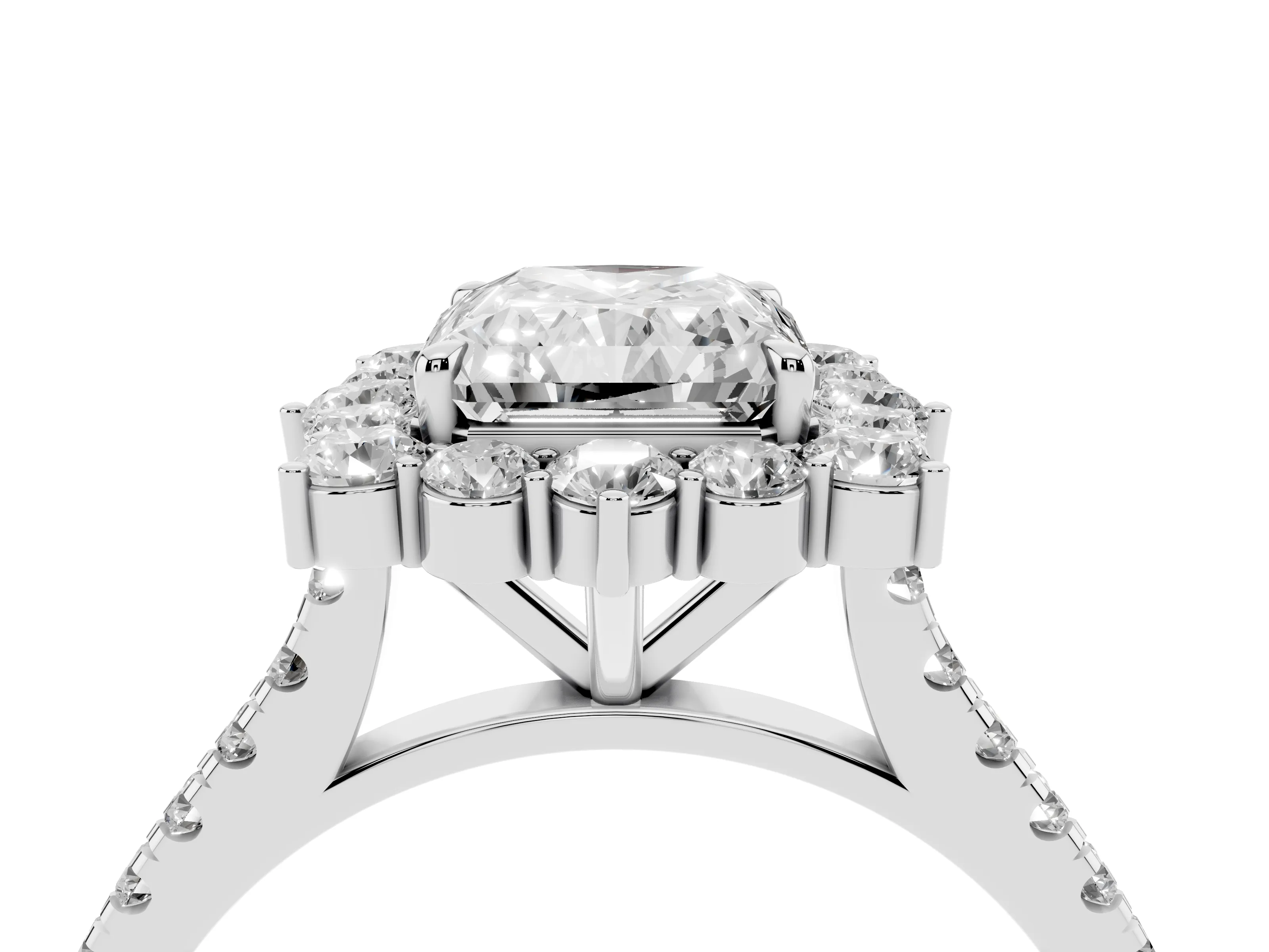 Radiant Cut Diamond Halo Ring Set in Silver with Pavé Band and Prong Setting
