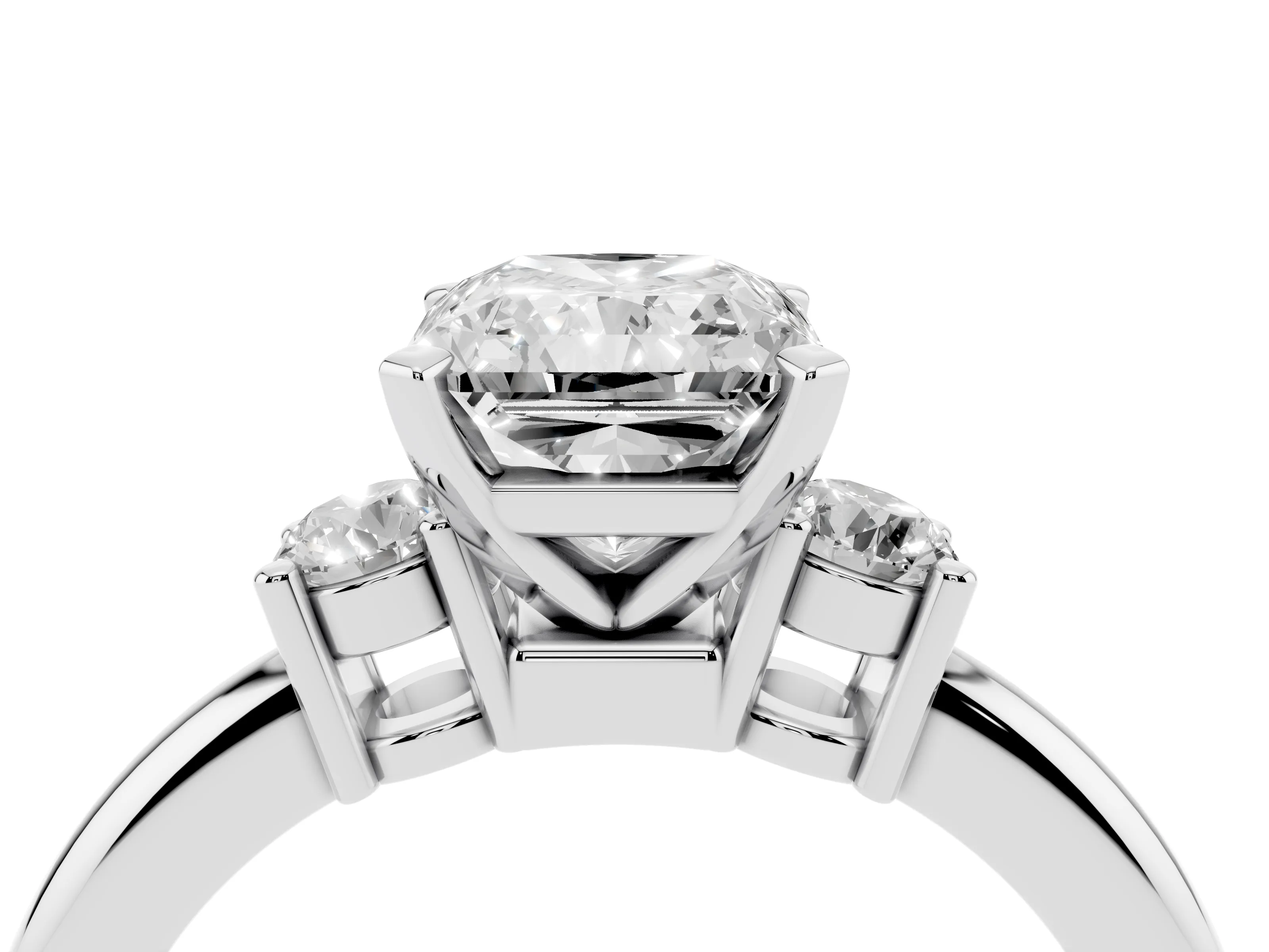 Three-Stone Radiant Cut Diamond Ring Set in Silver with Prong Setting and Plain Band