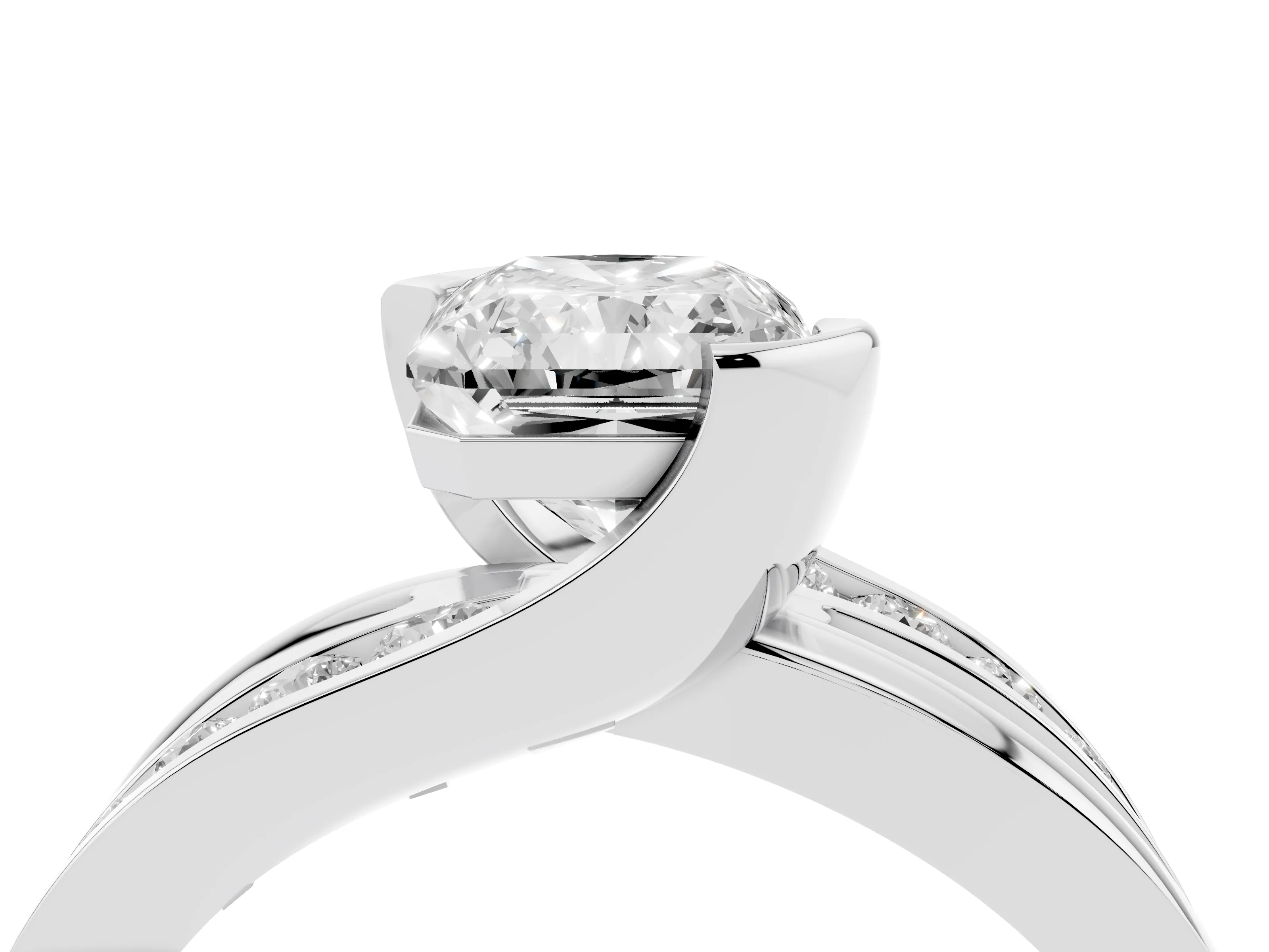 Radiant Cut Diamond Solitaire Ring Set in Platinum with Channel Set Split Shank and Tension Prongs