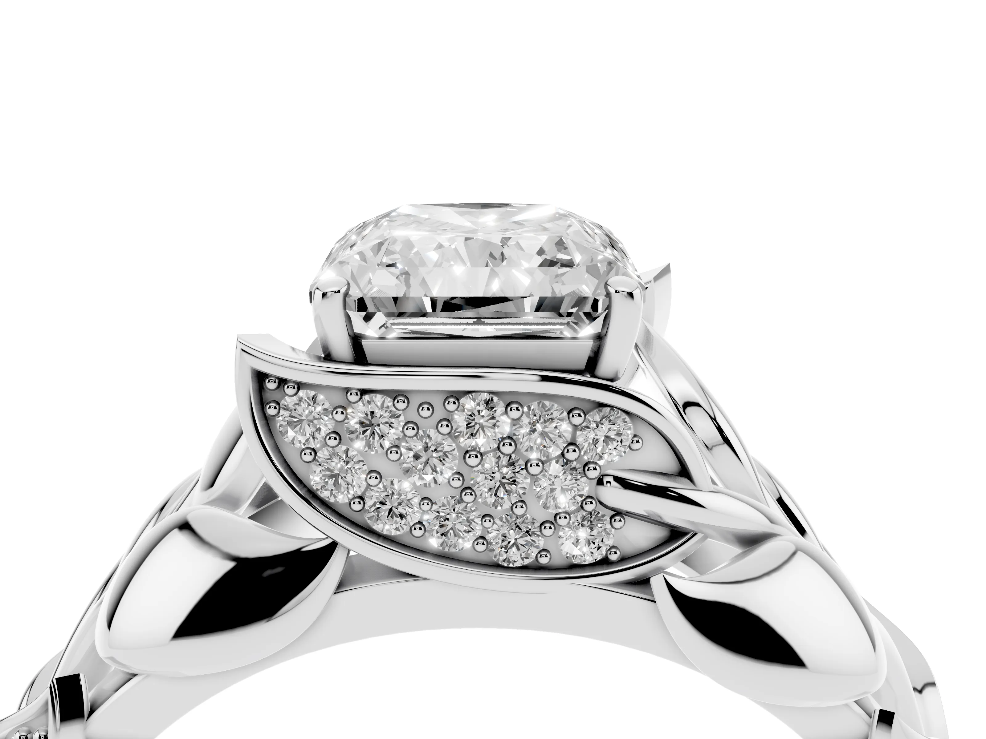 Radiant Cut Diamond Leaf-Inspired Engagement Ring Set in Silver with Round Accents