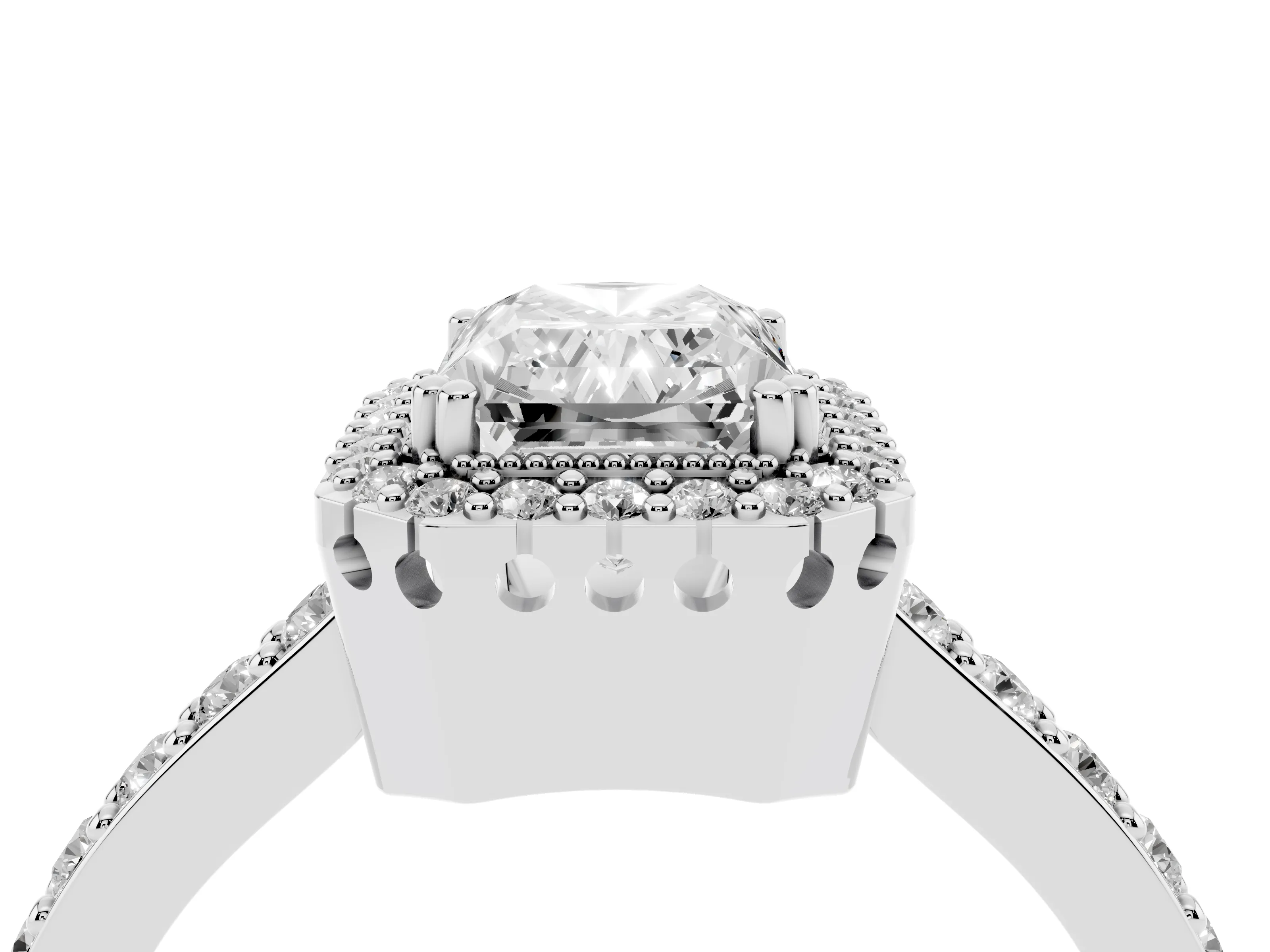 Radiant Cut Diamond Halo Engagement Ring Set in Platinum with Milgrain Detail and Pavé Band