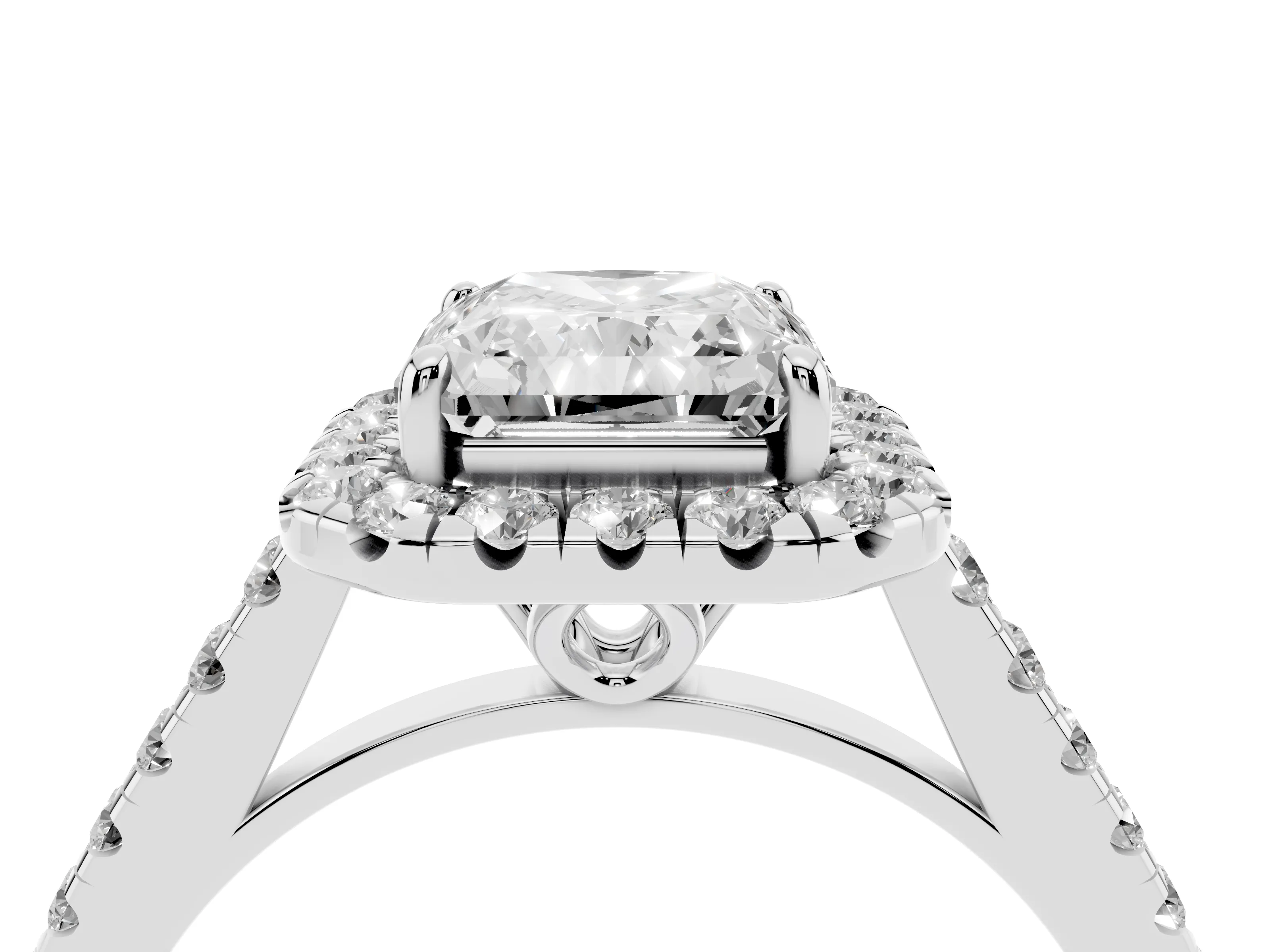 Radiant Cut Diamond Pavé Halo Engagement Ring Set in White gold with Pavé Band and Prong Setting