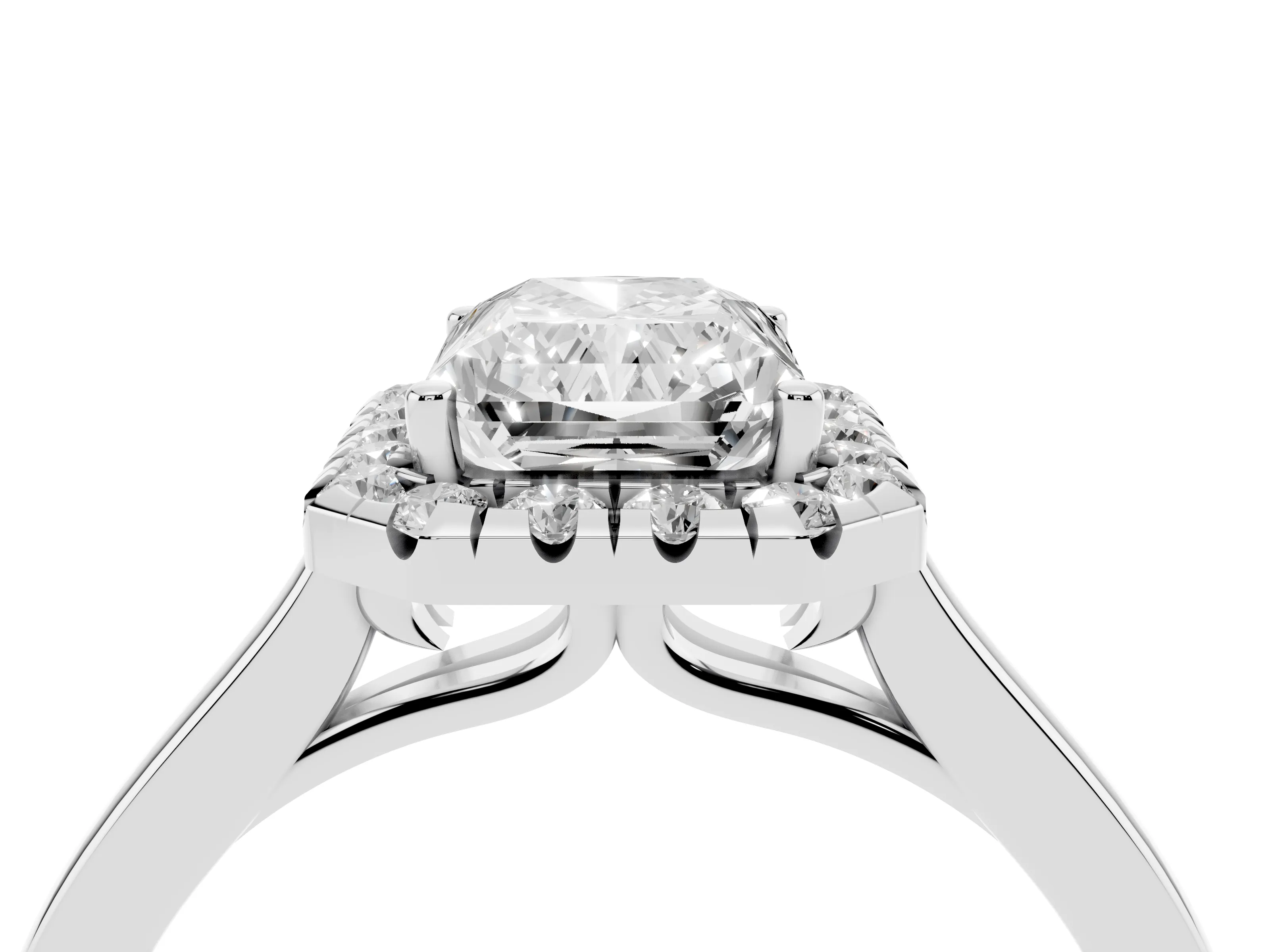 Radiant Cut Halo Round Diamond Solitaire Ring Set in Platinum with Pavé Band and Prong Setting