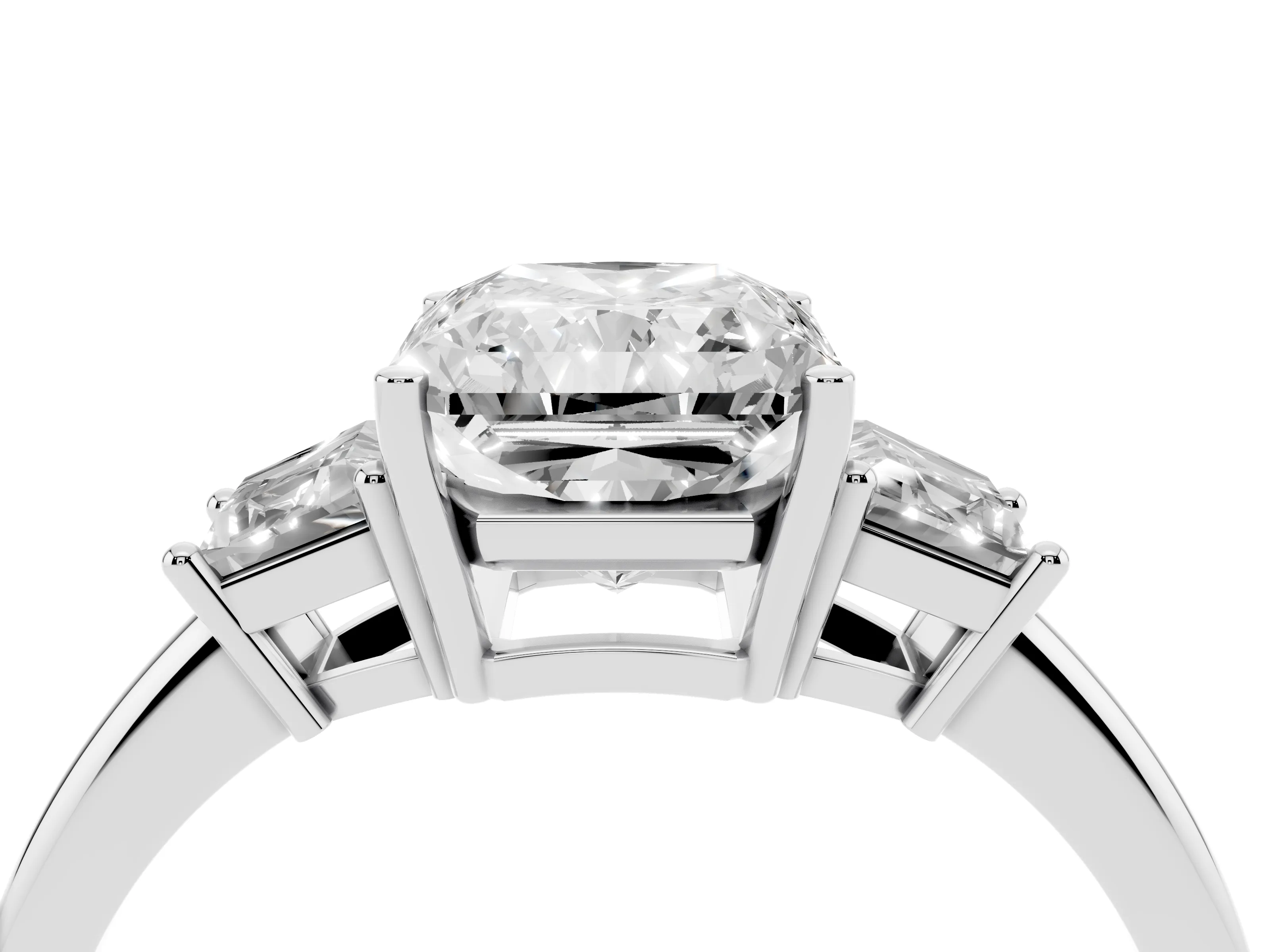 Radiant Cut Diamond Three-Stone Ring Set in Platinum with Trapezoid Side Stones and Prong Setting