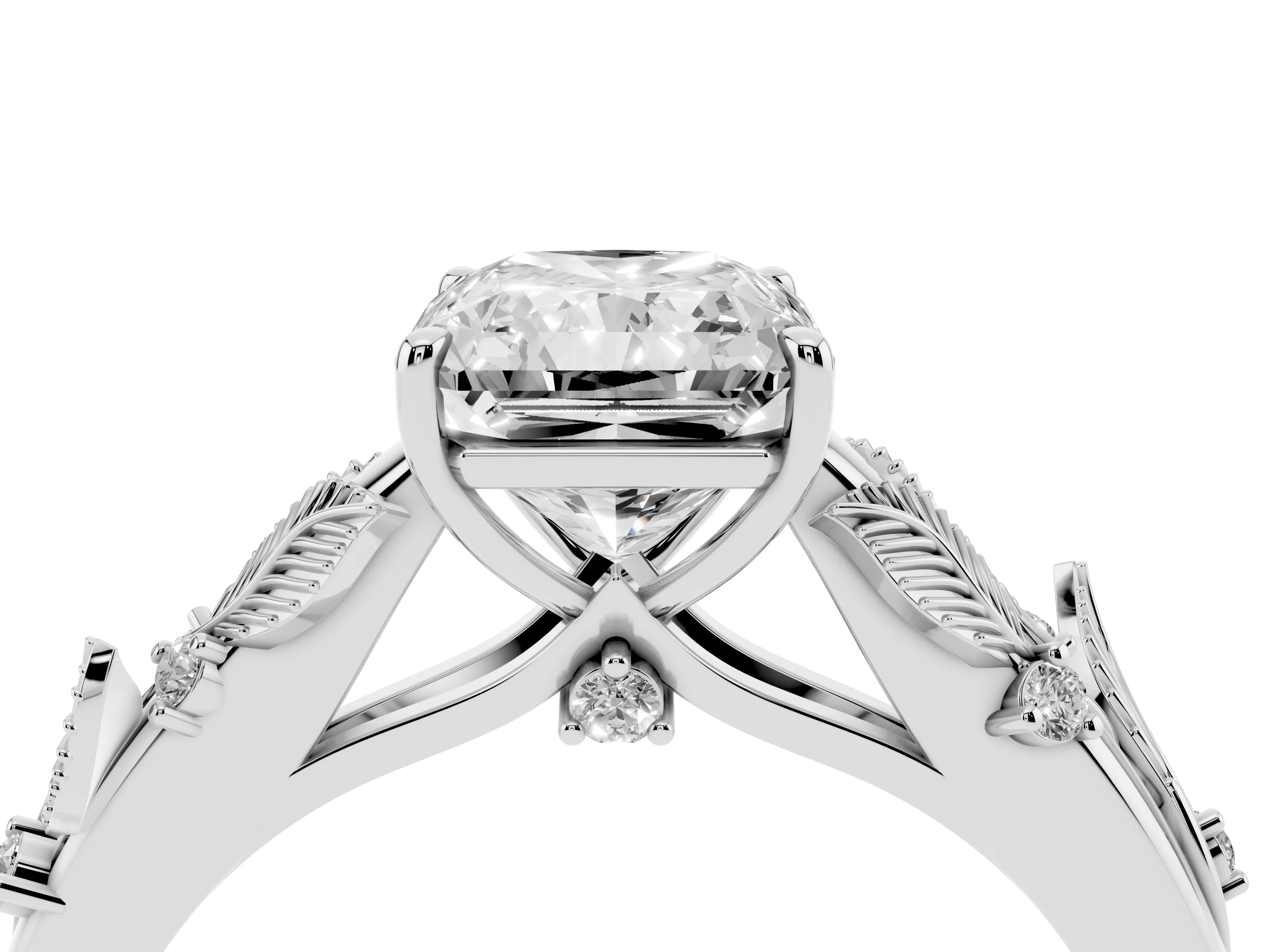 Radiant Cut Diamond Solitaire Ring Set in Silver with Leaf Motif Band