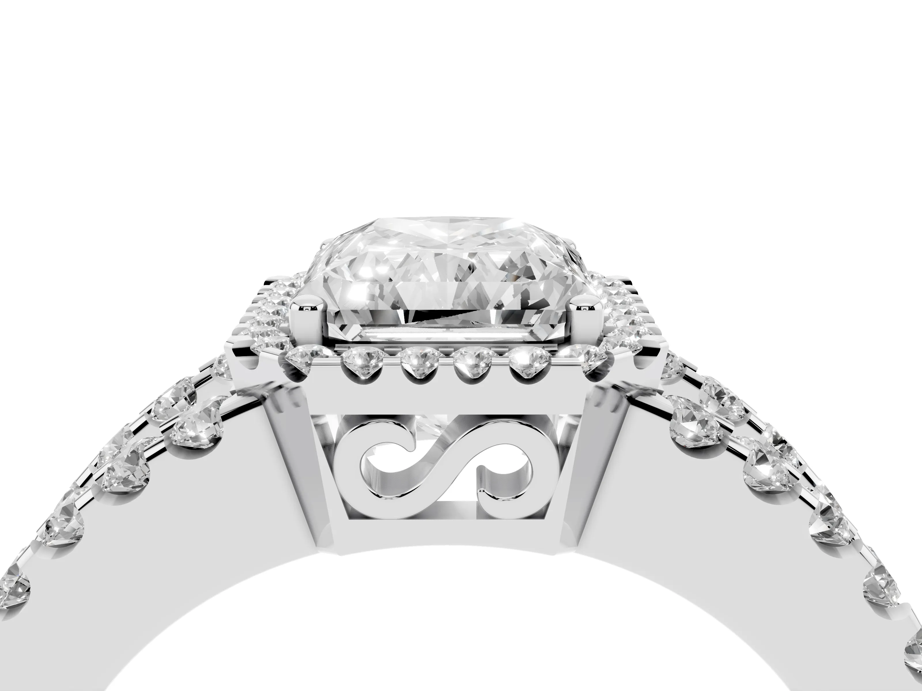 Radiant Cut Diamond Halo Ring Set in Silver with Pavé Split Shank and Prong Setting