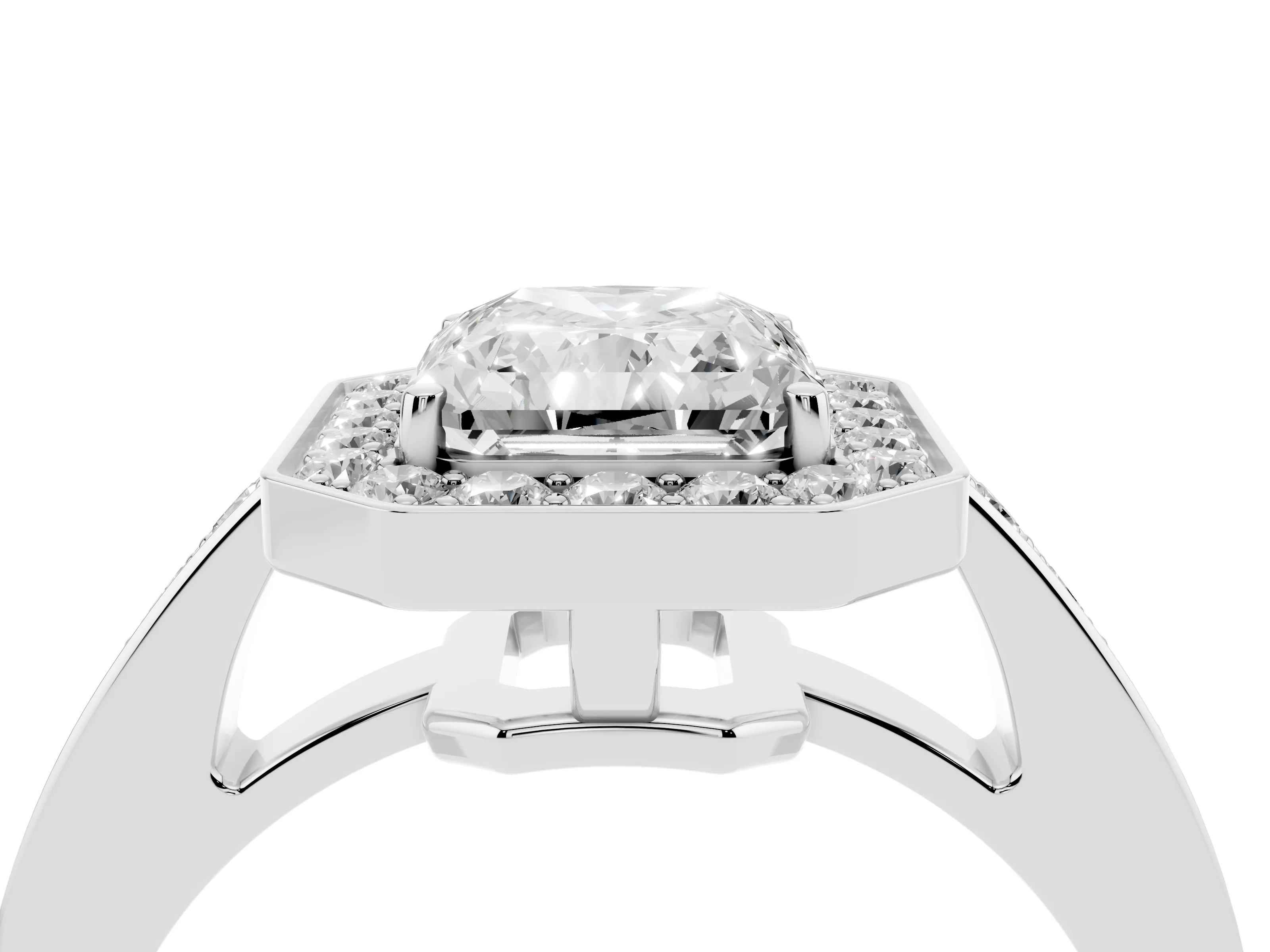 Radiant Cut Diamond Halo Pavé Engagement Ring Set in Silver with Bezel Setting