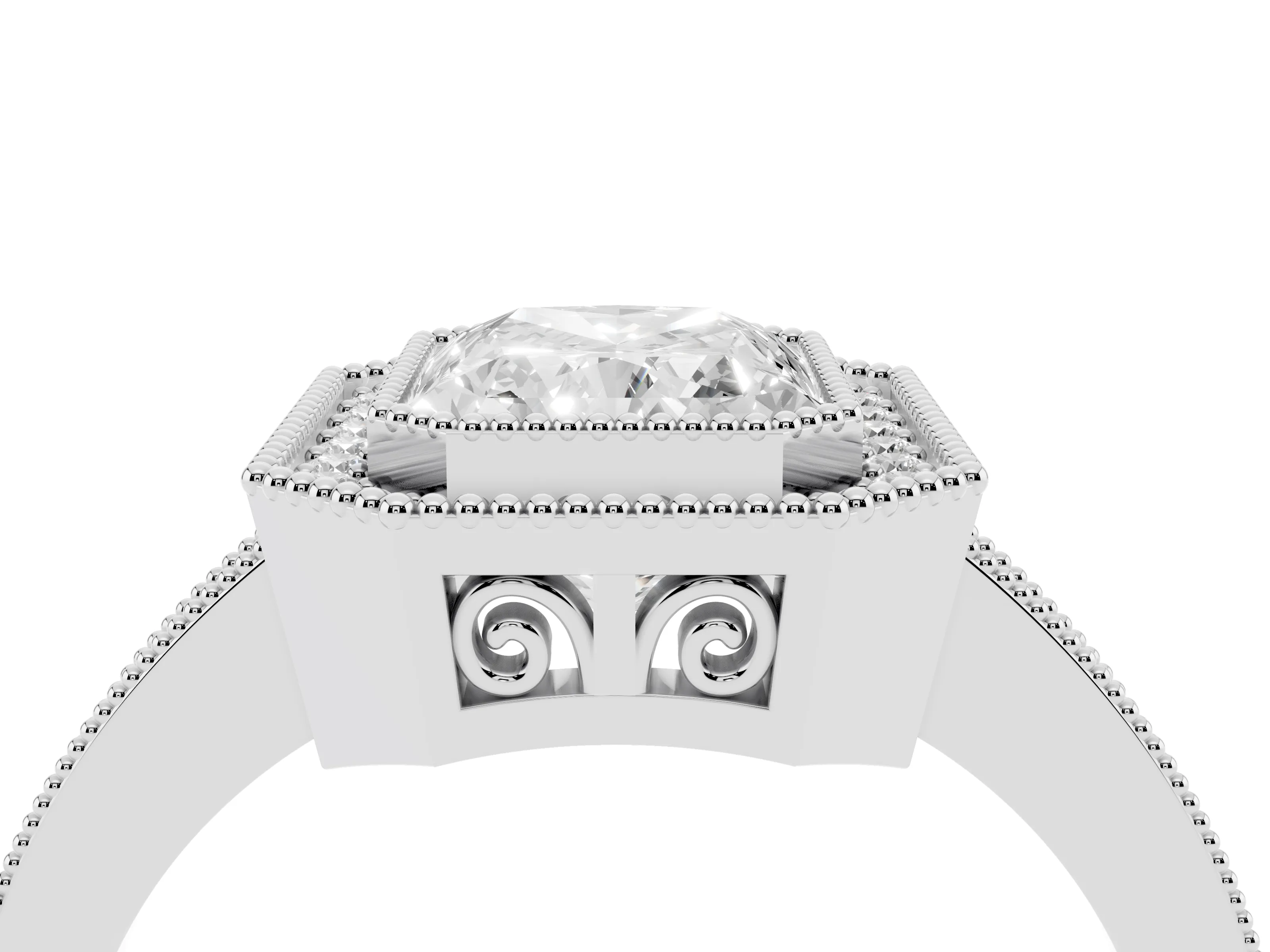 Radiant Cut Diamond Round Halo Ring Set in White gold with Pavé Band
