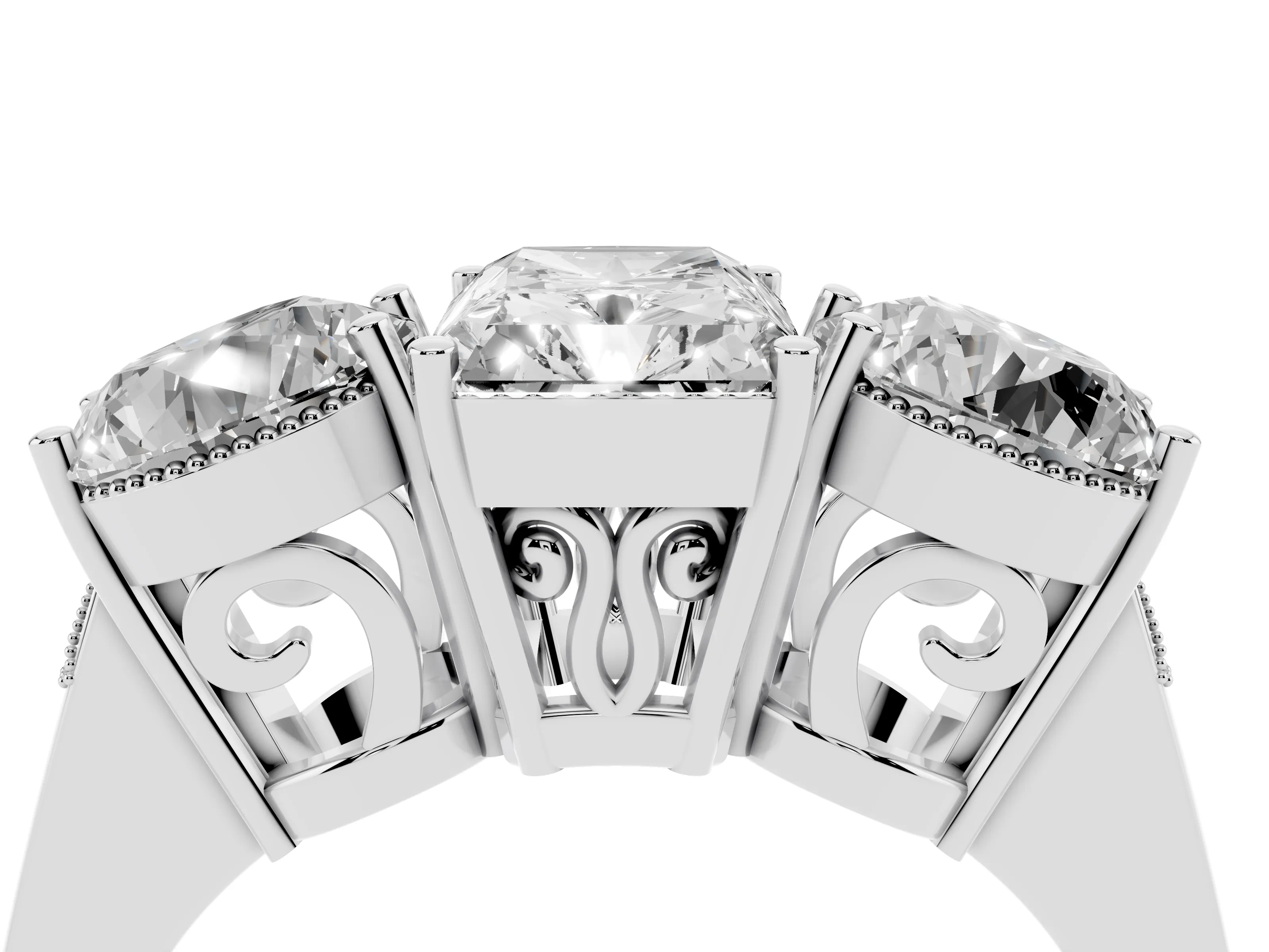 Radiant Cut Diamond Three-Stone Engagement Ring Set in White gold with Polished Band