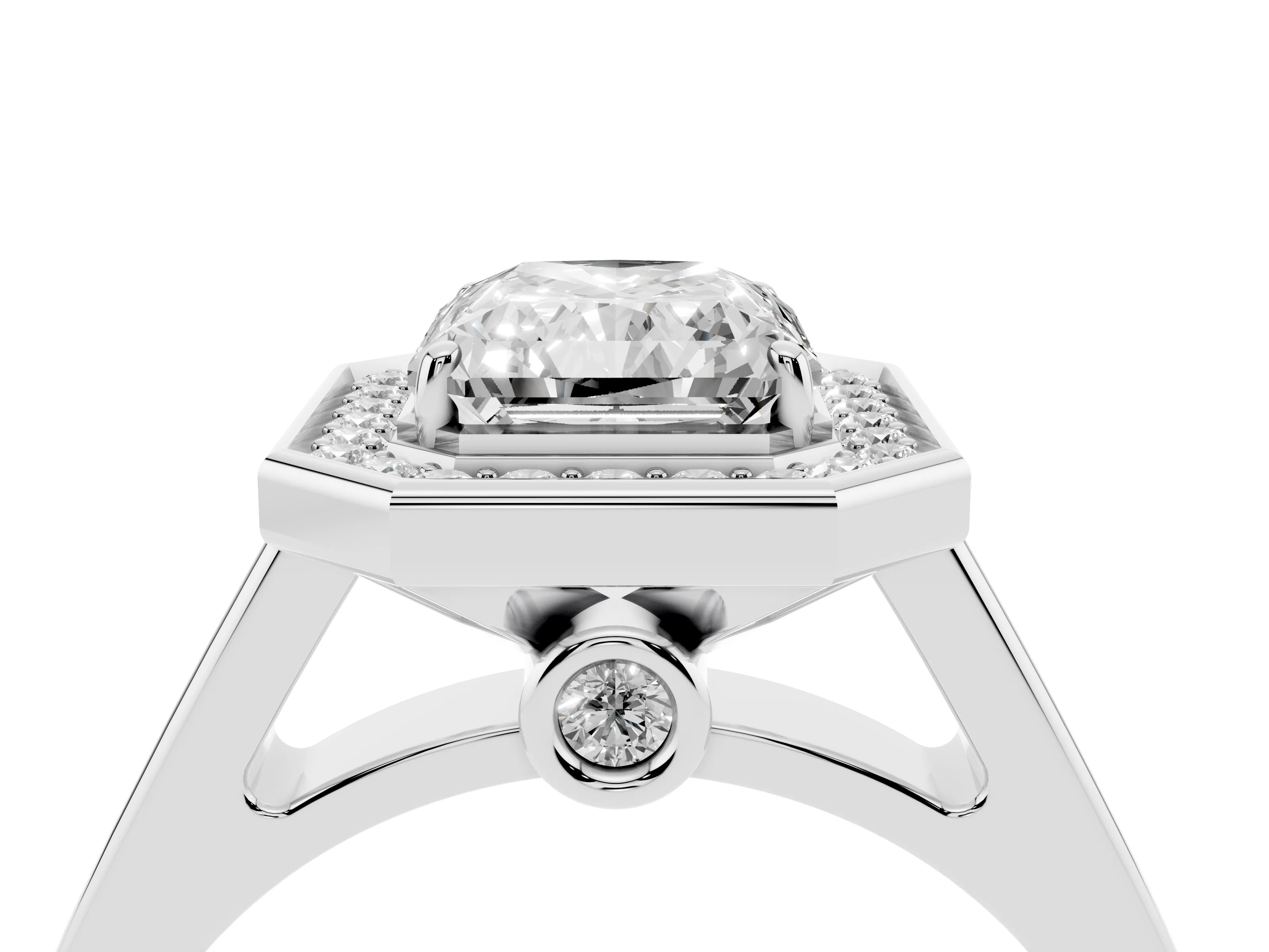 Radiant Cut Diamond Halo Solitaire Ring Set in Platinum with Pavé Band and Bezel Setting