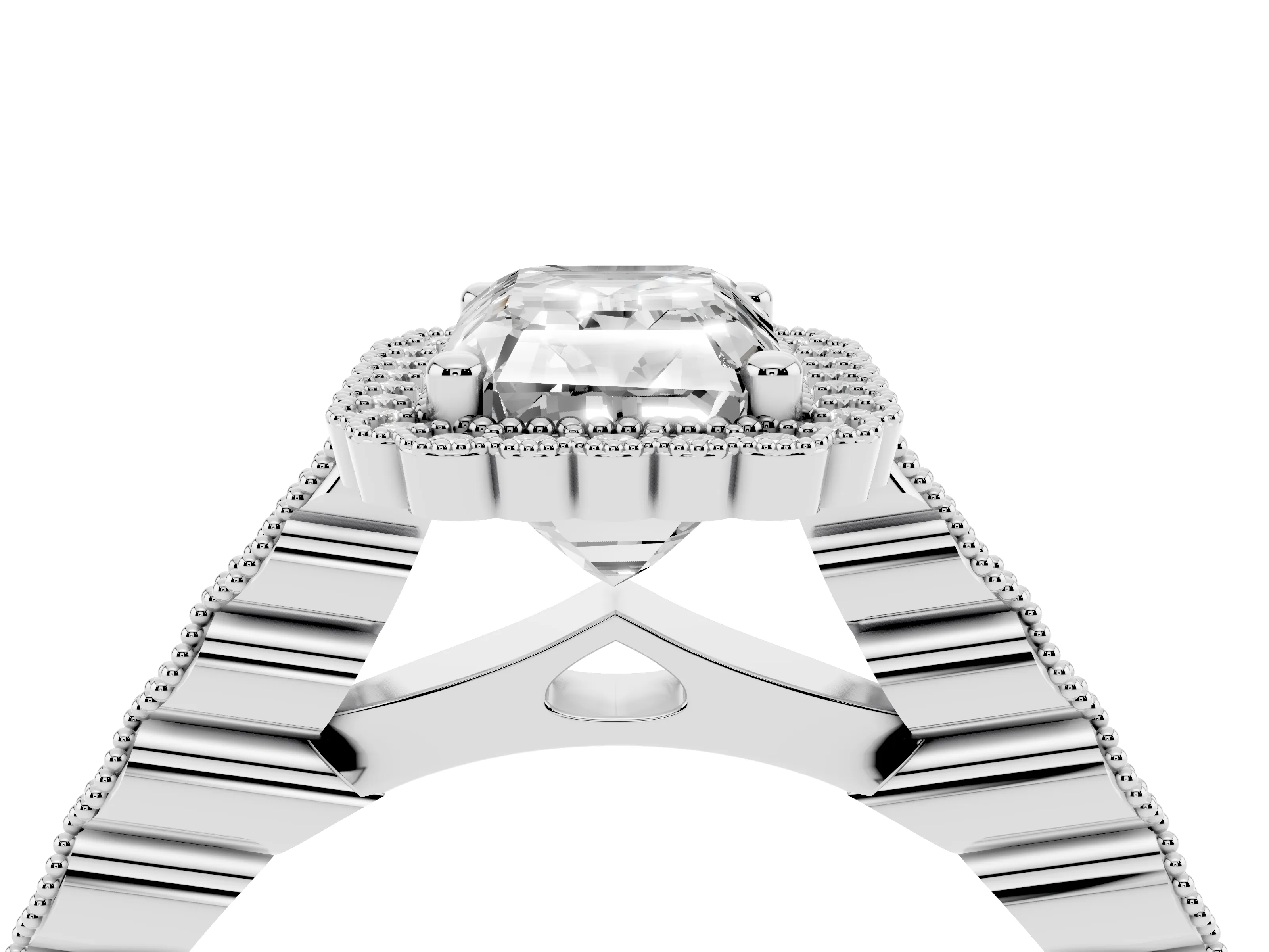 Radiant Cut Diamond Halo Ring Set in Platinum with Pavé Milgrain Band