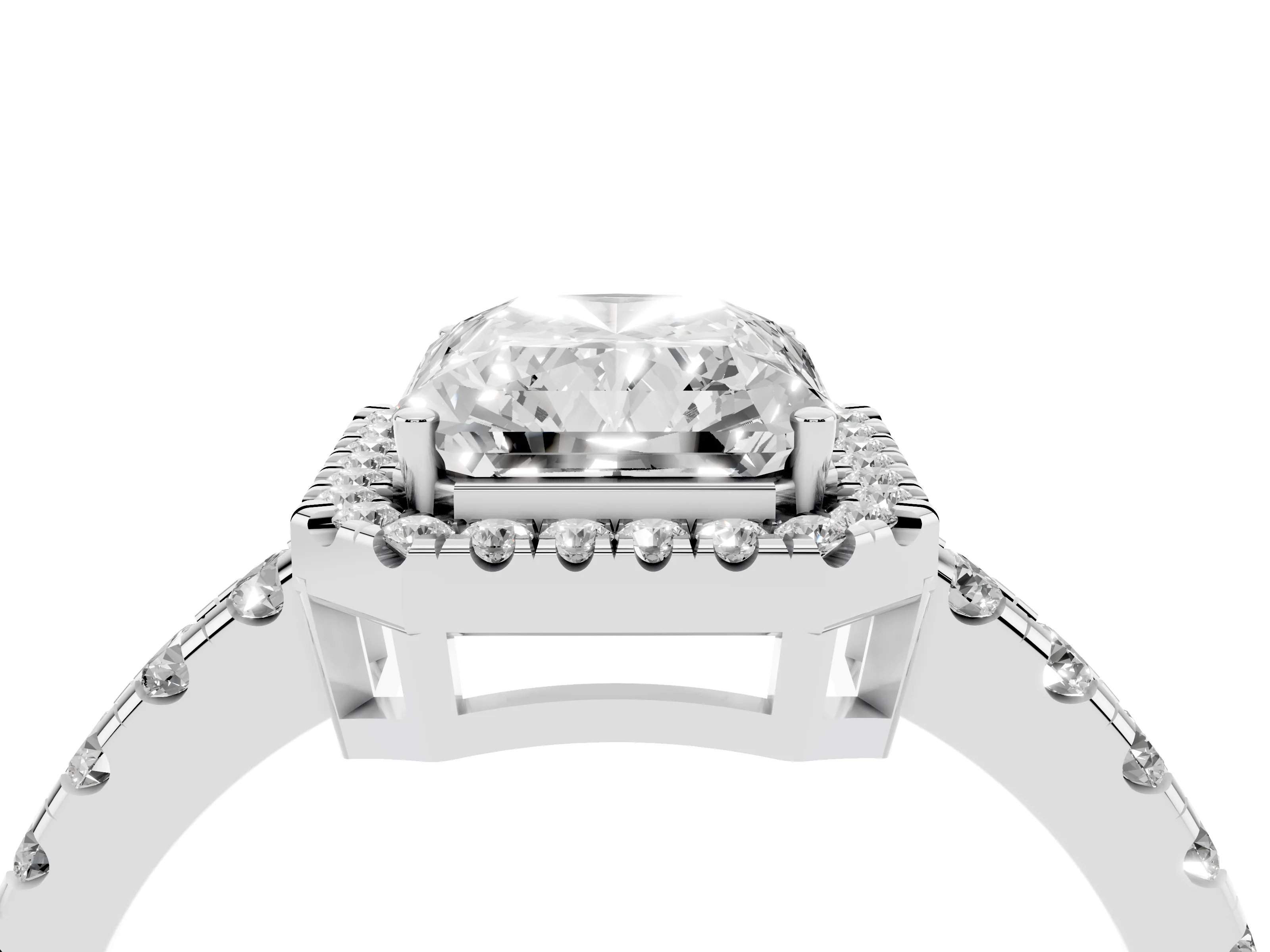 Radiant Cut Diamond Halo Ring Set in Silver with Delicate Pavé Band and Prong Setting