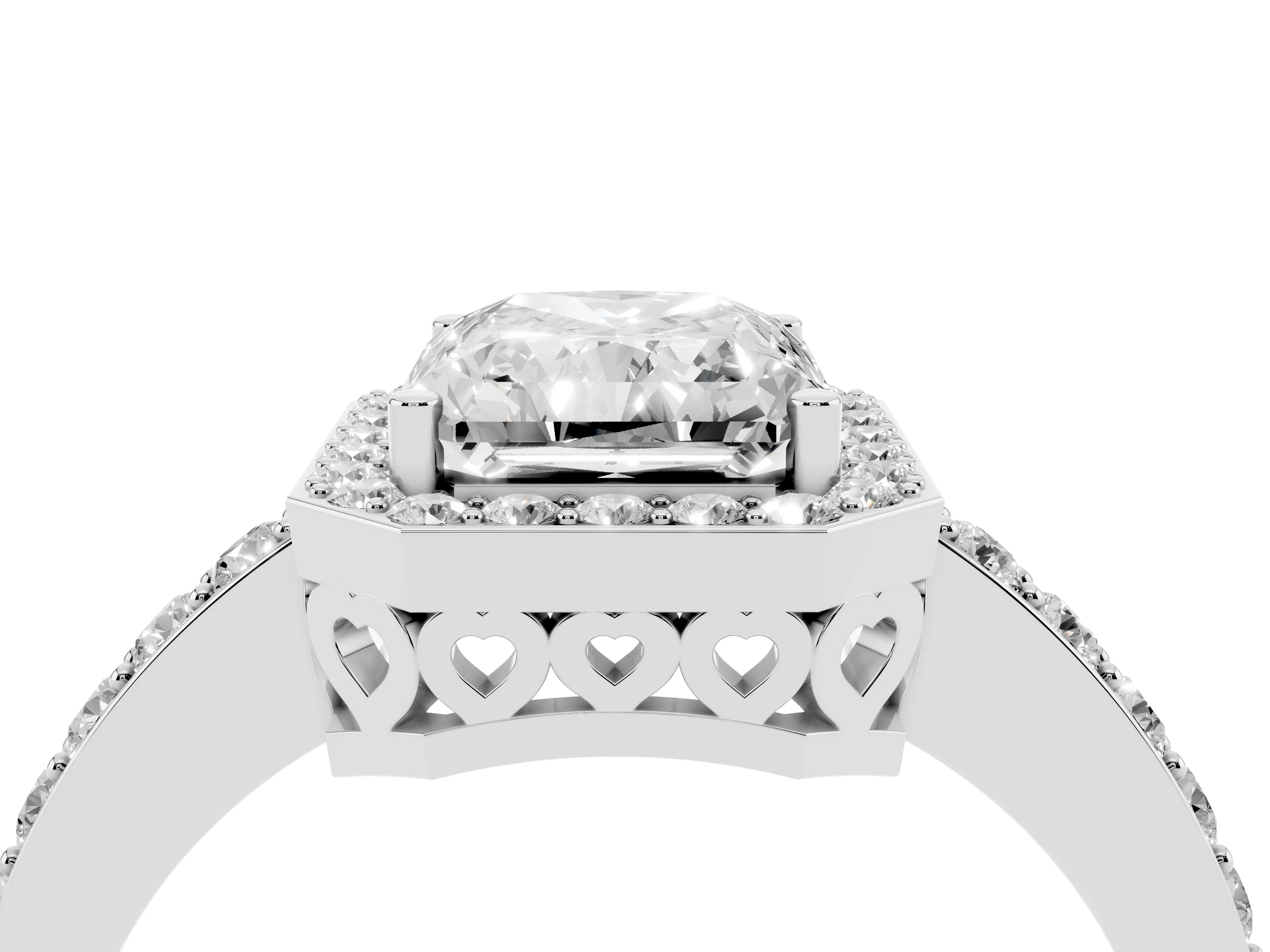 Radiant Cut Diamond Halo Ring Set in White gold with Pavé-Setting Band and Open Prong Center