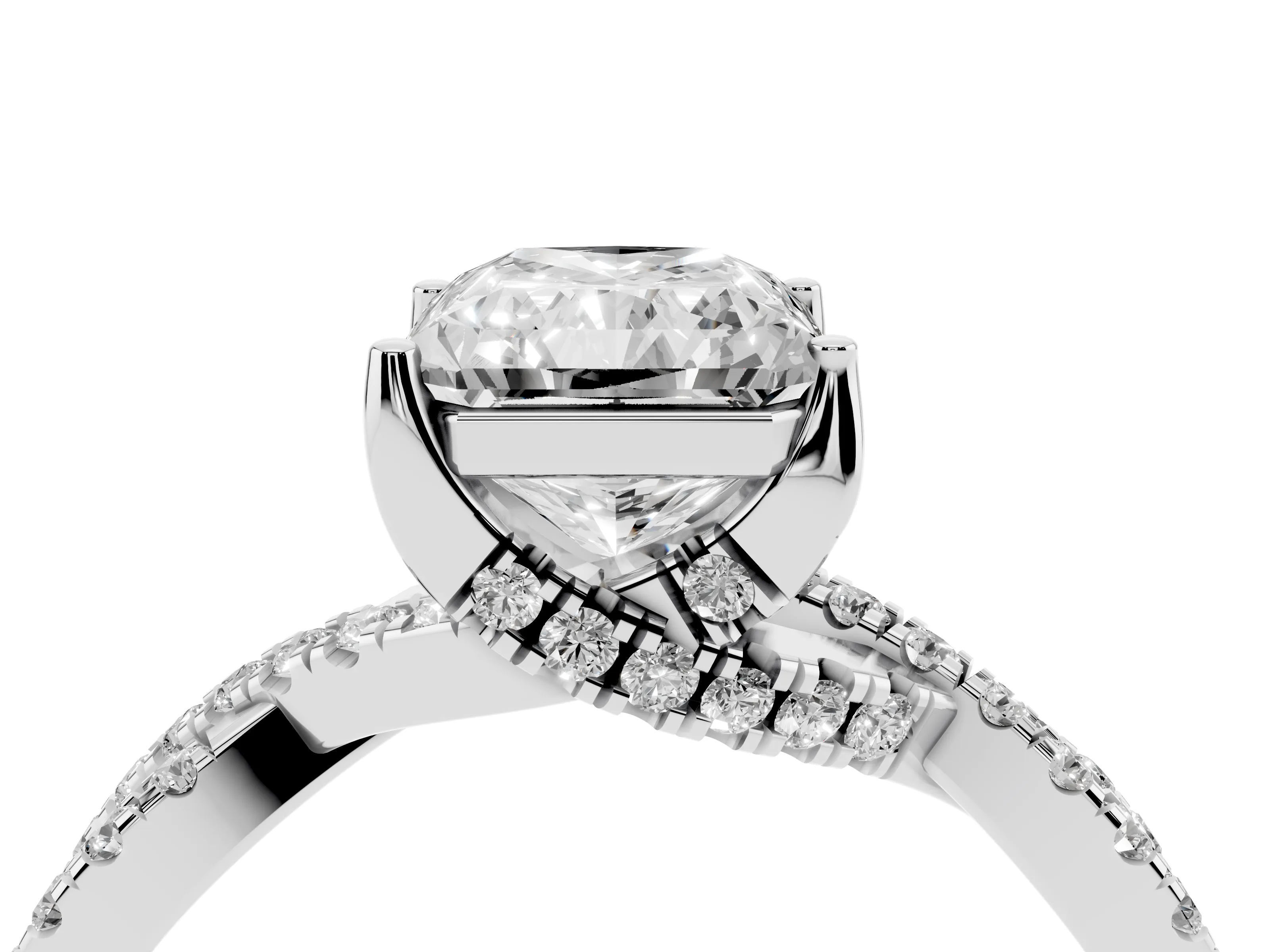 Radiant Cut Diamond Twist Pavé Solitaire Engagement Ring Set in Silver with Prong Setting