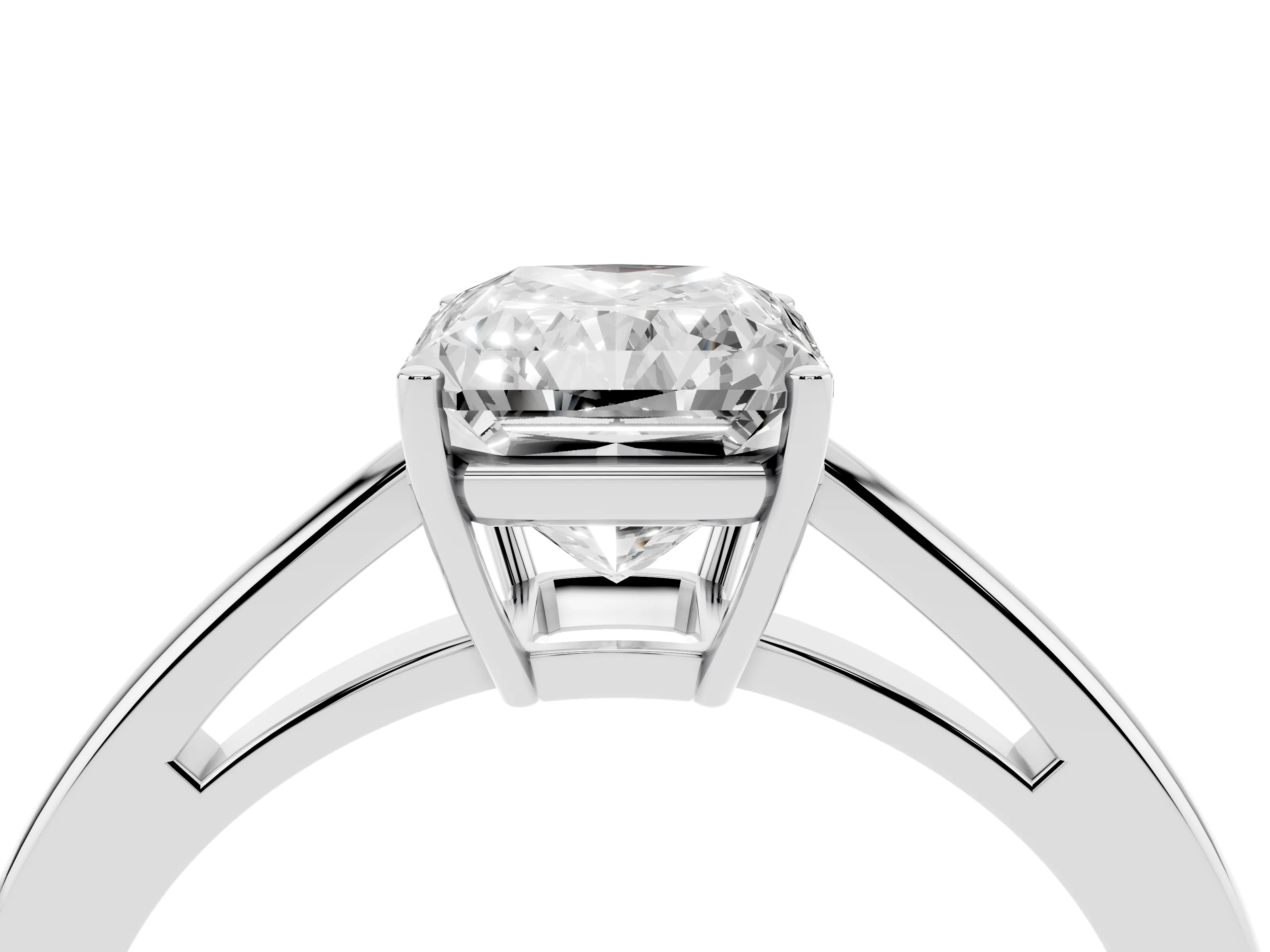 Radiant Cut Diamond Solitaire Ring Set in White gold with Split Shank and Prong Setting