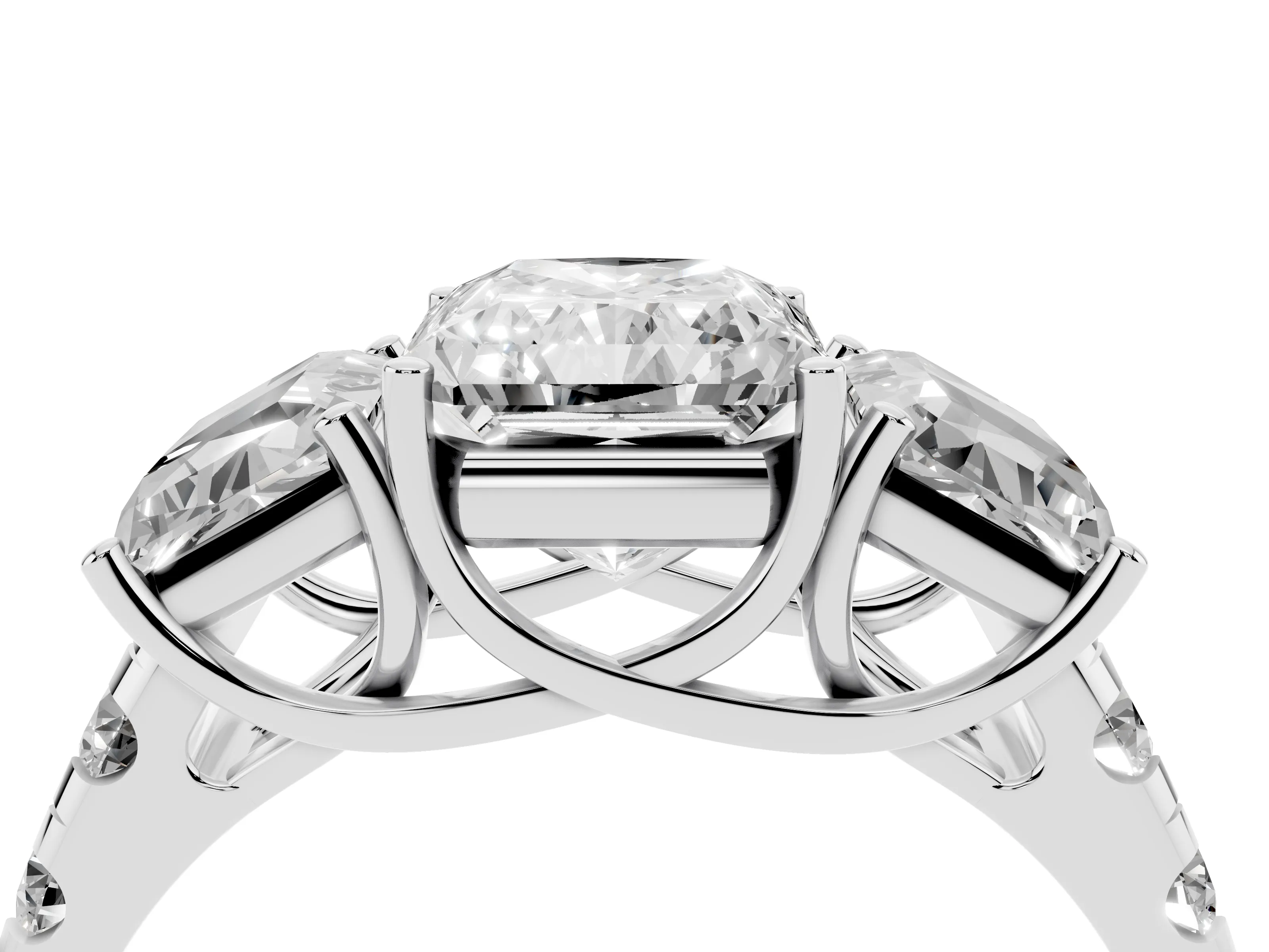 Radiant Cut Diamond Three-Stone Ring Set in Silver with Pavé Band
