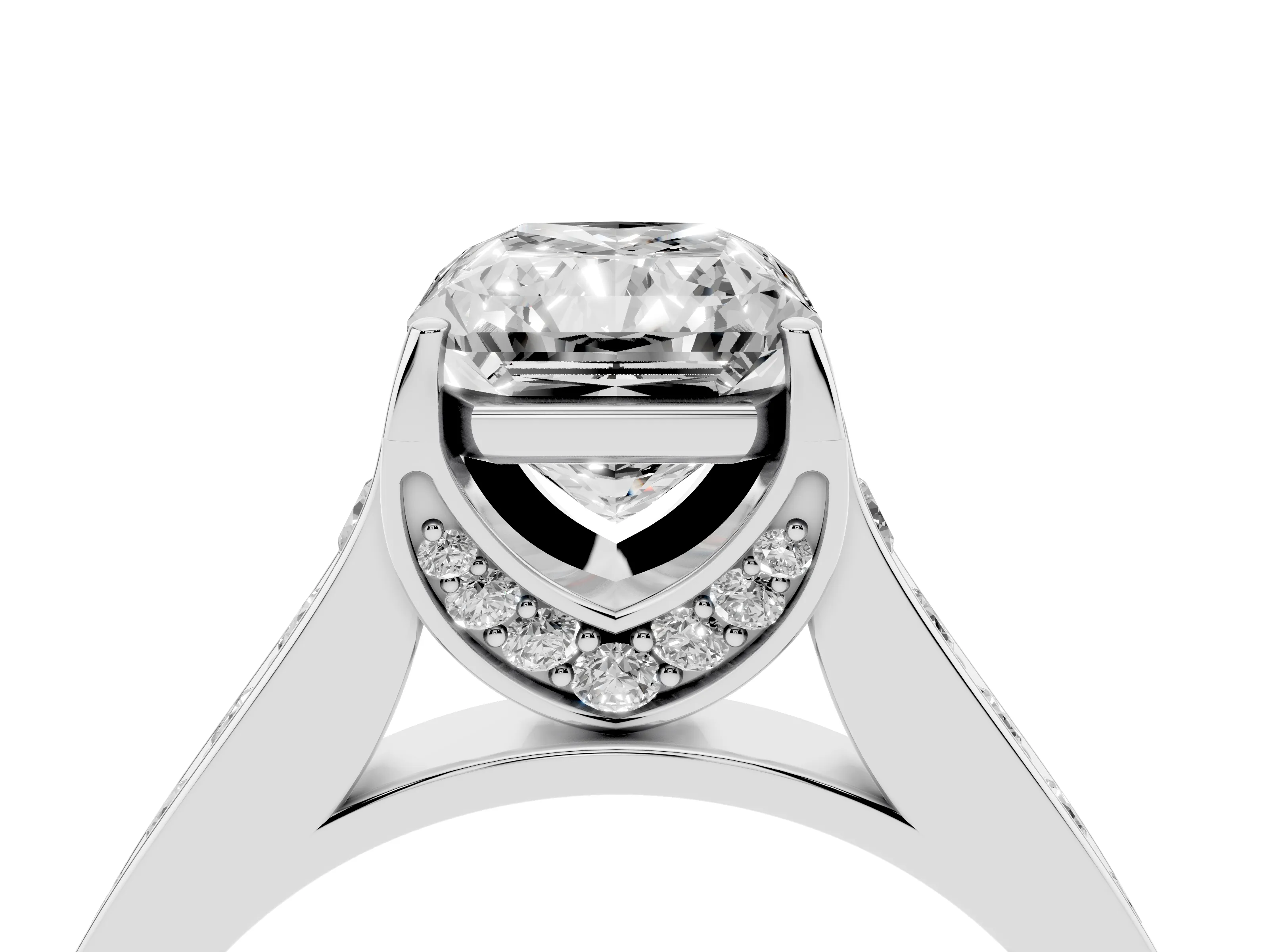 Radiant Cut Diamond Solitaire Pavé Engagement Ring Set in Platinum with Prong Setting