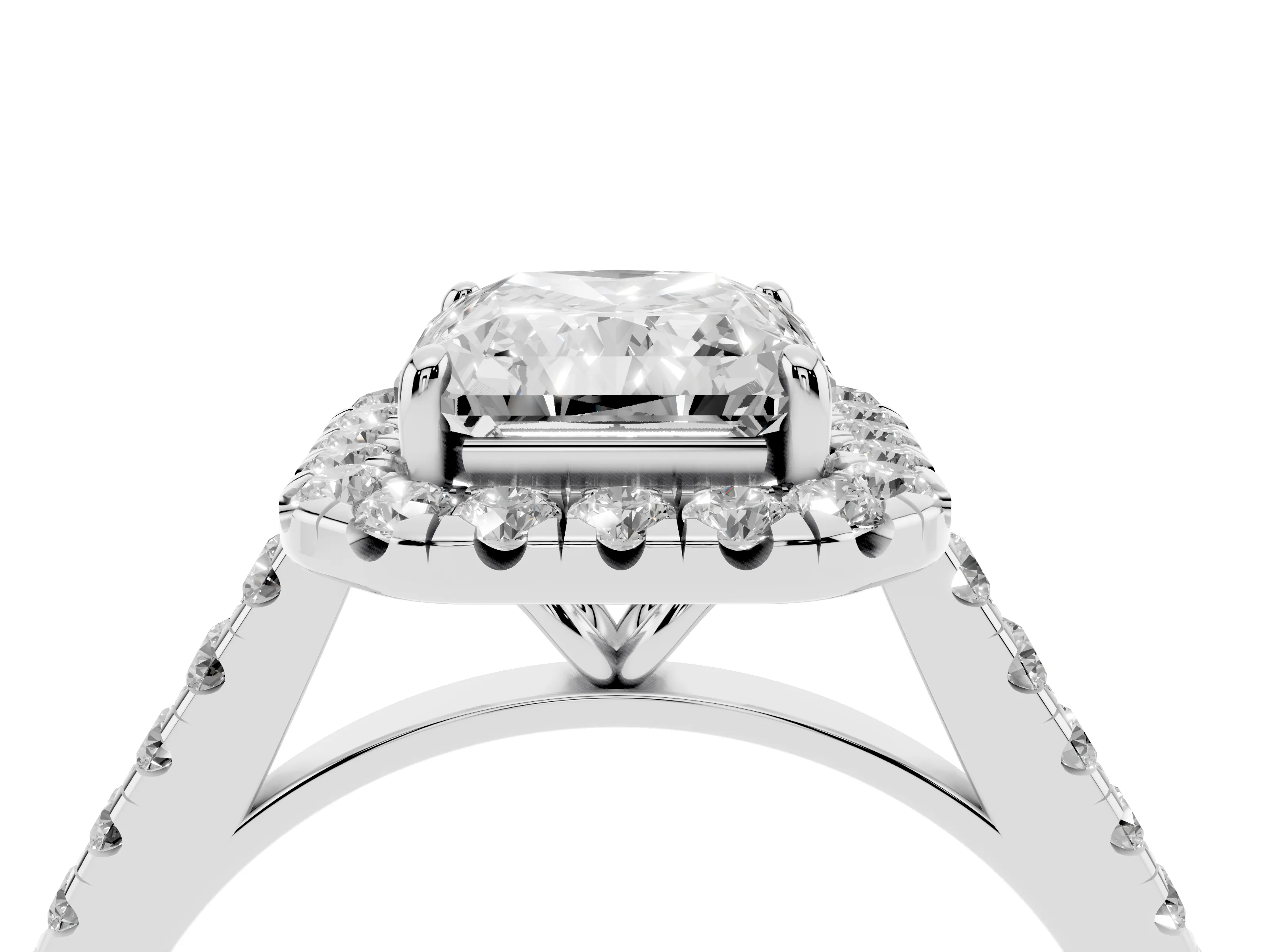 Radiant Cut Diamond Halo Pavé Engagement Ring Set in Platinum with Prong Setting