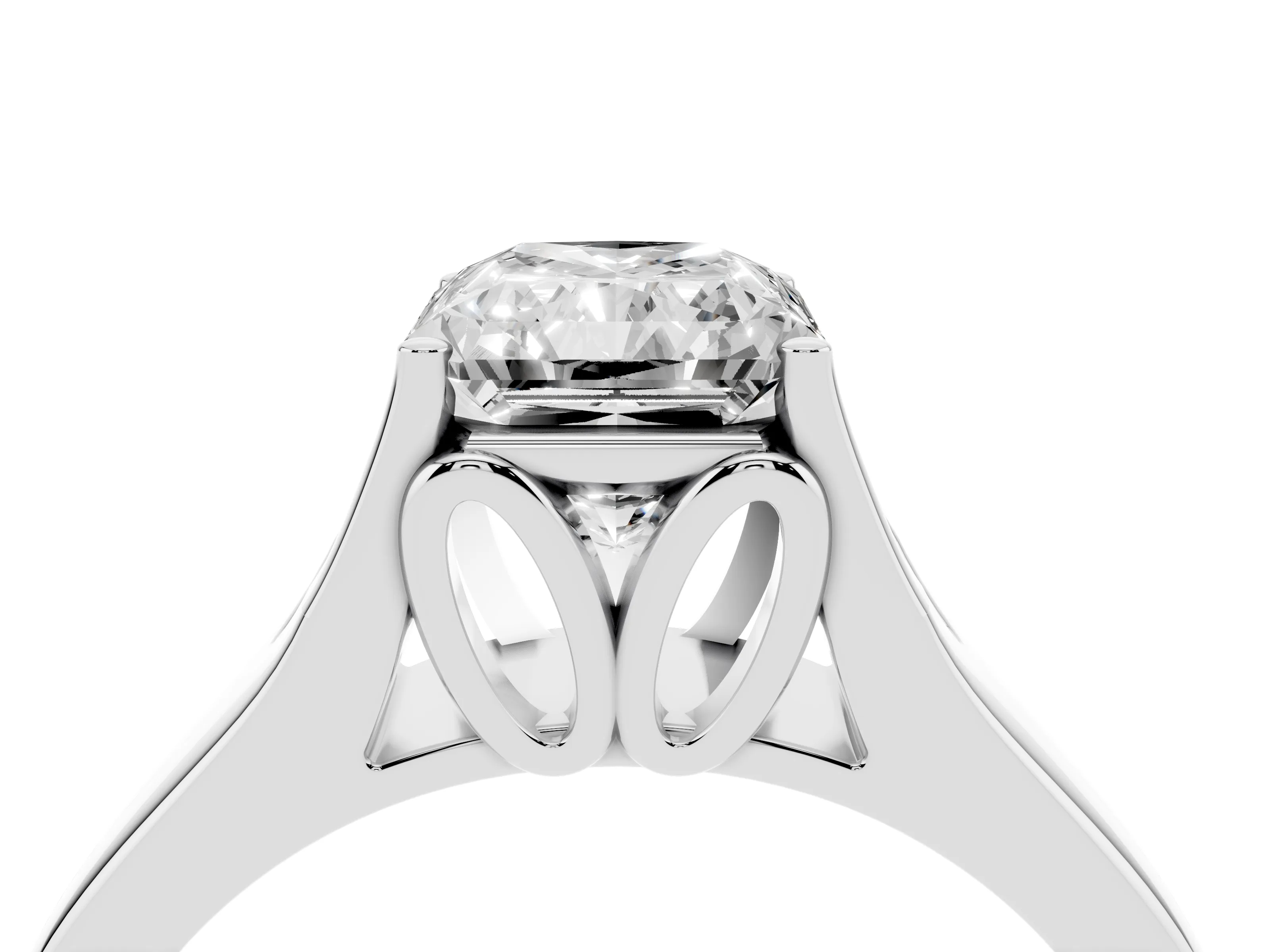 Radiant Cut Diamond Solitaire Ring Set in White gold with Arched Cathedral Band and Prong Setting