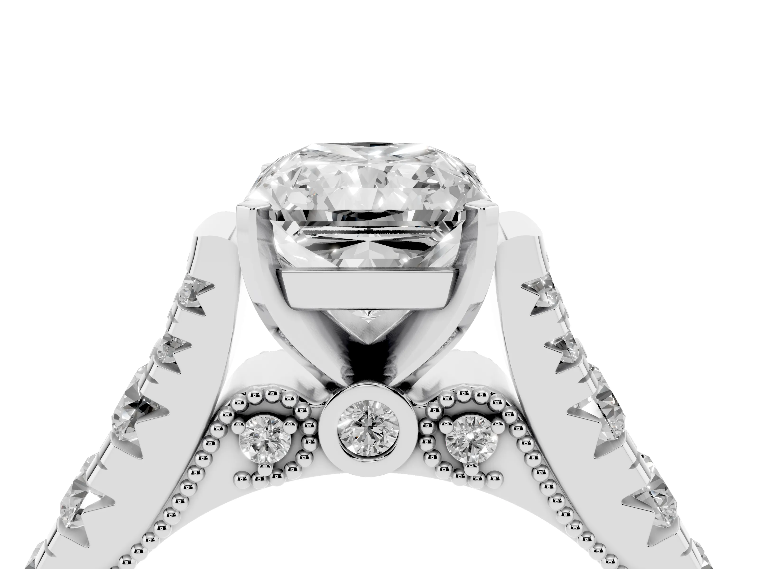 Radiant Cut Diamond Classic Solitaire Ring Set in Platinum with Pavé Band and Prong Setting
