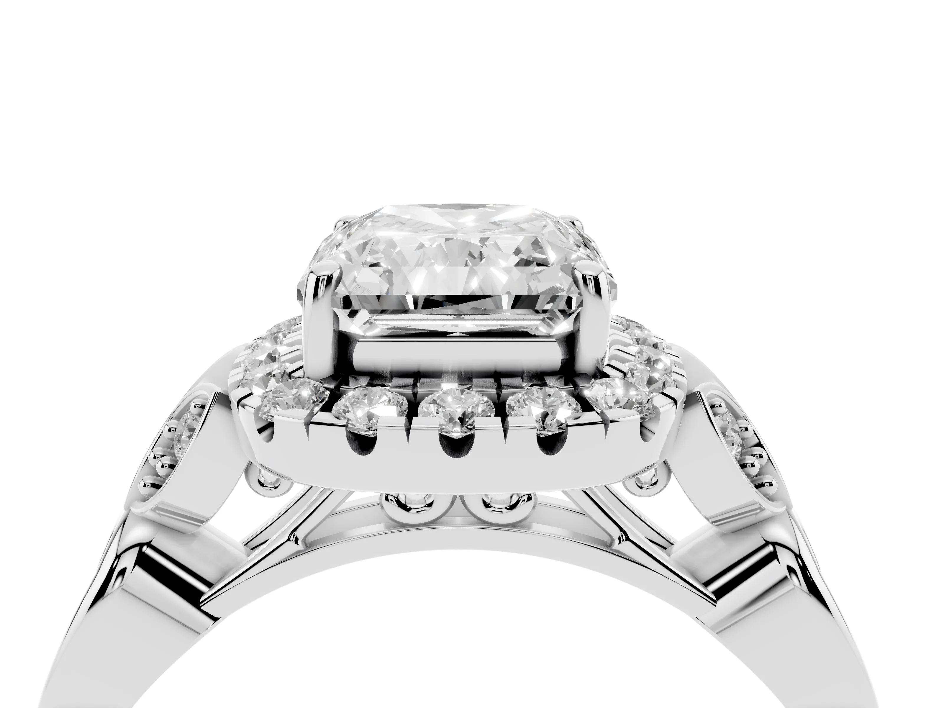 Radiant Cut Diamond Halo Engagement Ring Set in Platinum with Vintage-Inspired Band and Prong Setting