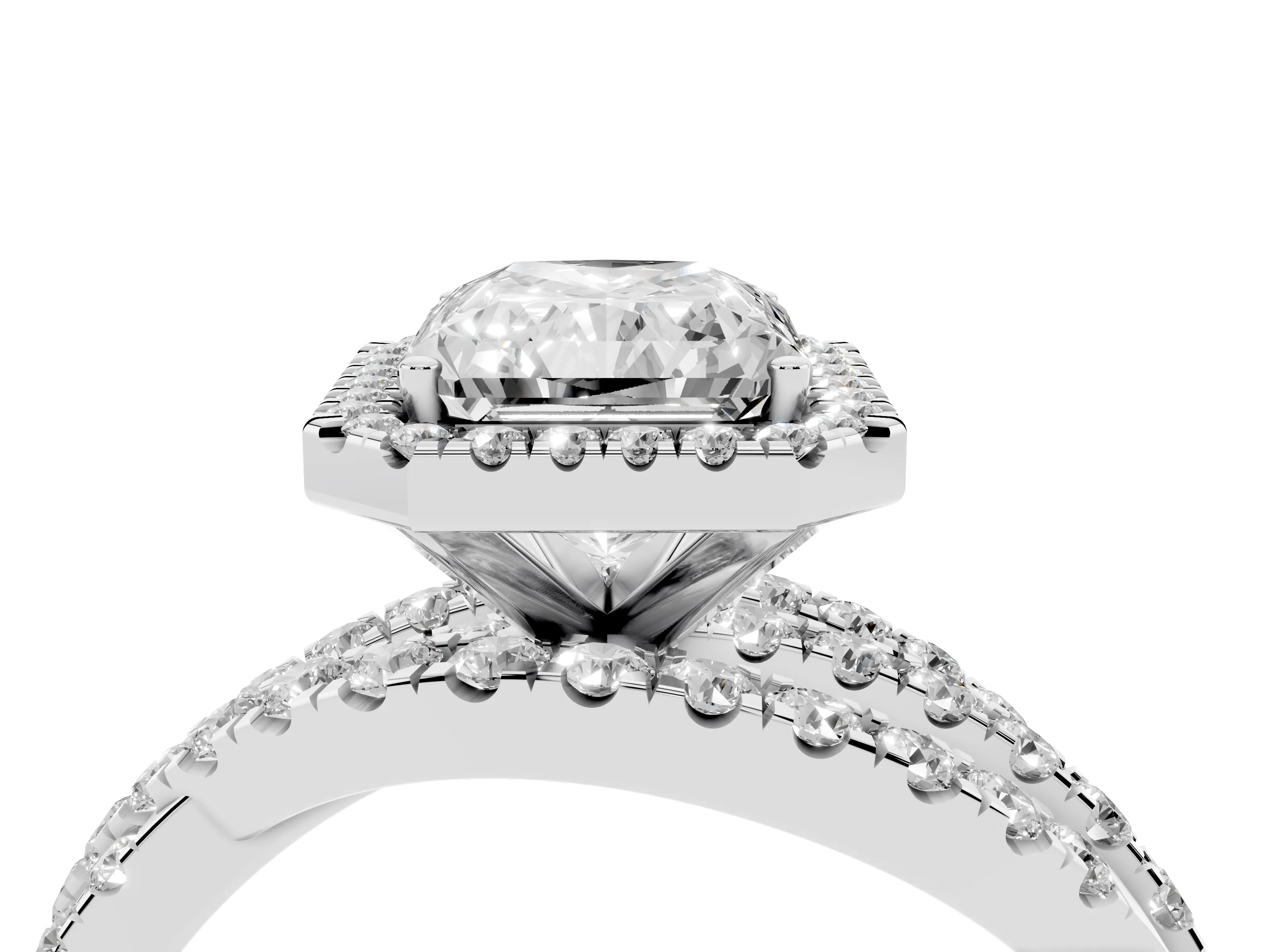 Radiant Cut Diamond Halo Ring Set in Platinum with Round Crossover Split Shank and Prong Setting
