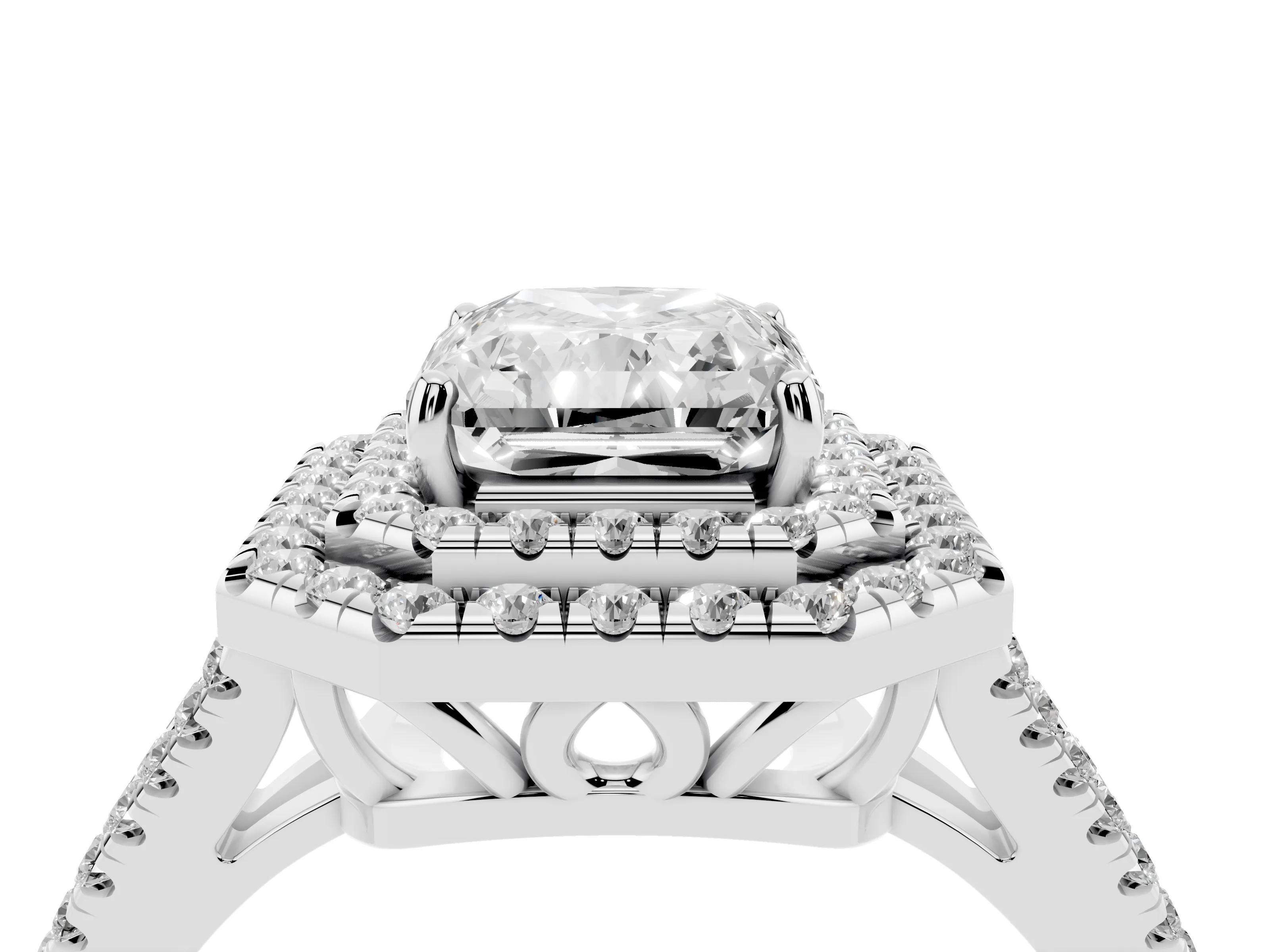 Radiant Cut Diamond Double Halo Ring Set in Silver with Pavé Band