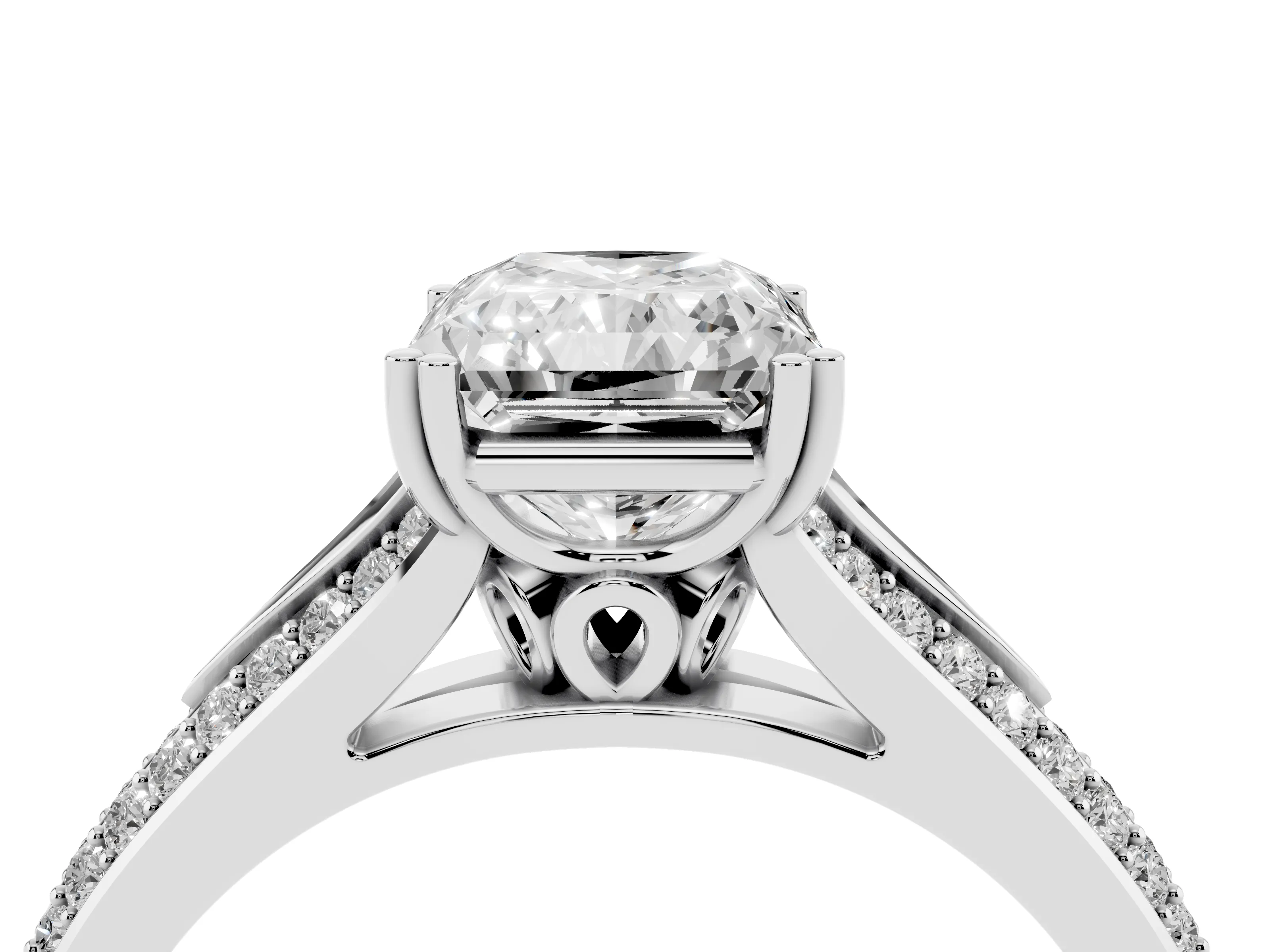 Radiant Cut Diamond Split Shank Pavé Engagement Ring Set in Platinum with Prong-Set Center Stone