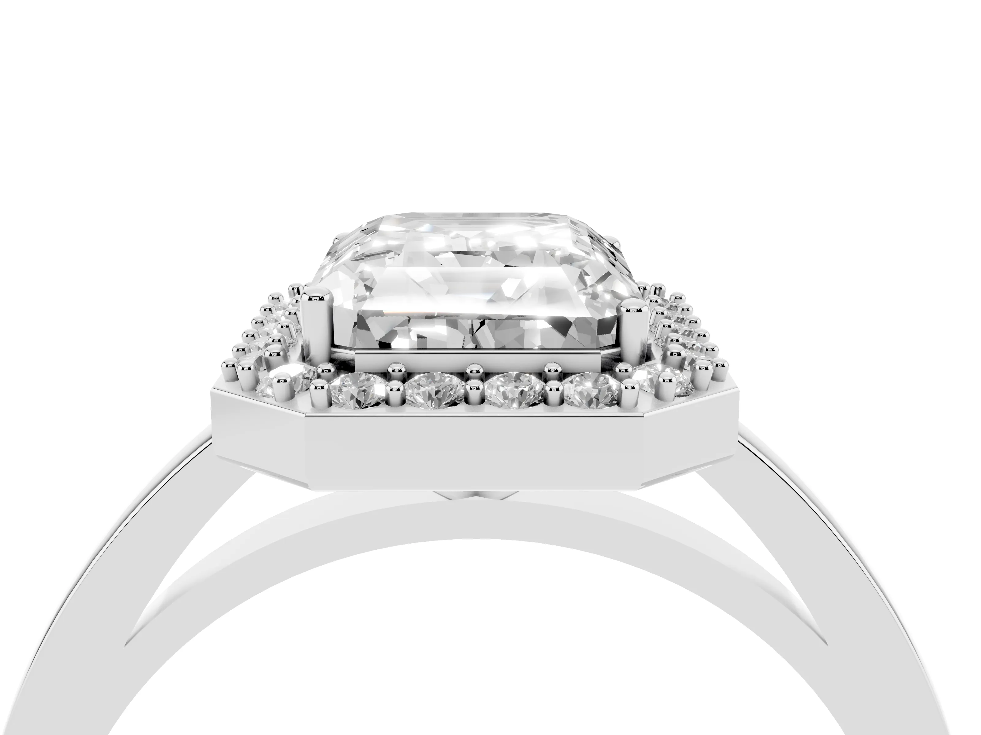 Radiant Cut Diamond Halo Ring Set in White gold with Solitaire Band and Prong Setting