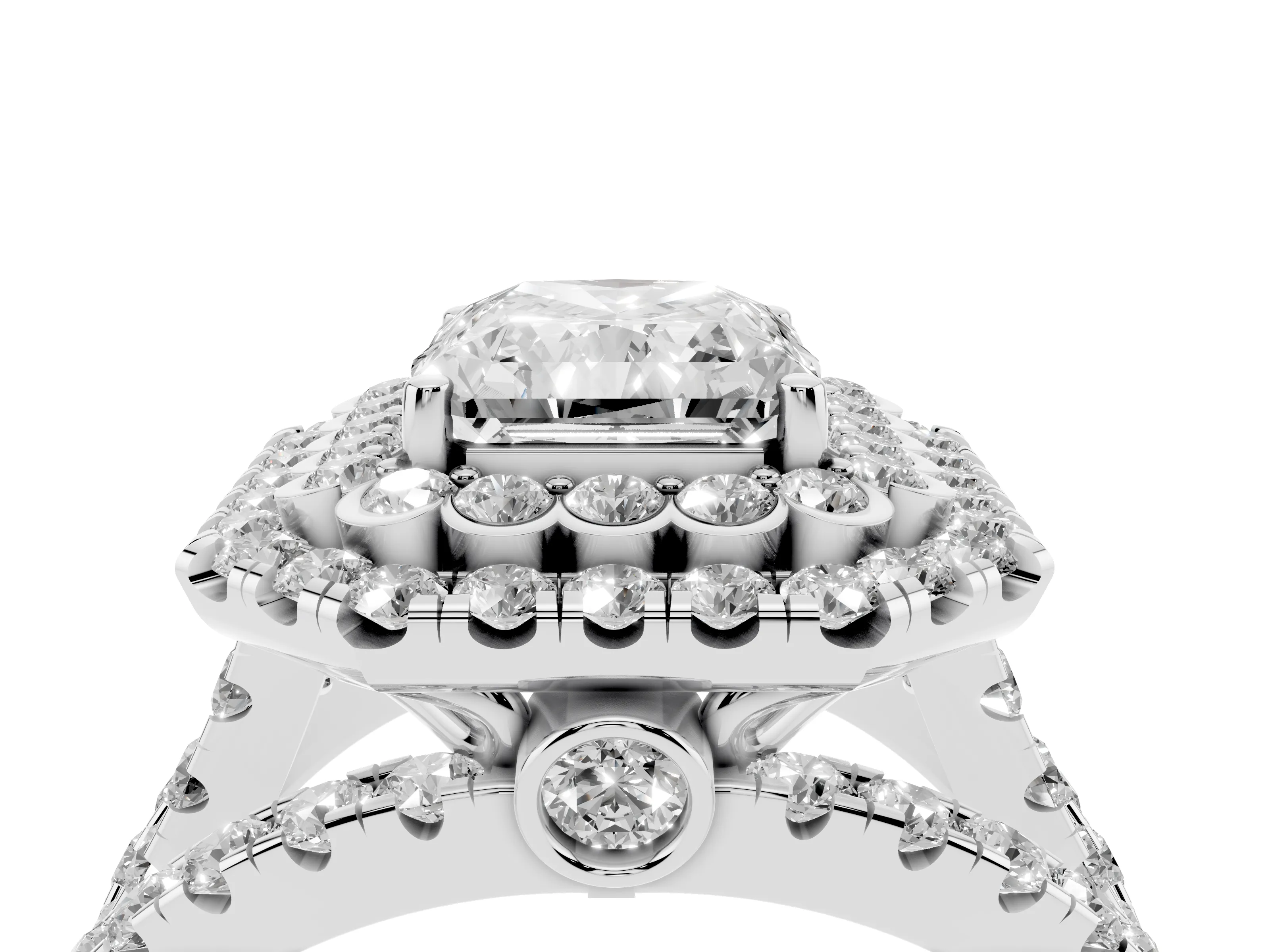 Radiant Cut Diamond Double Halo Ring Set in White gold with Round Pavé Split Shank
