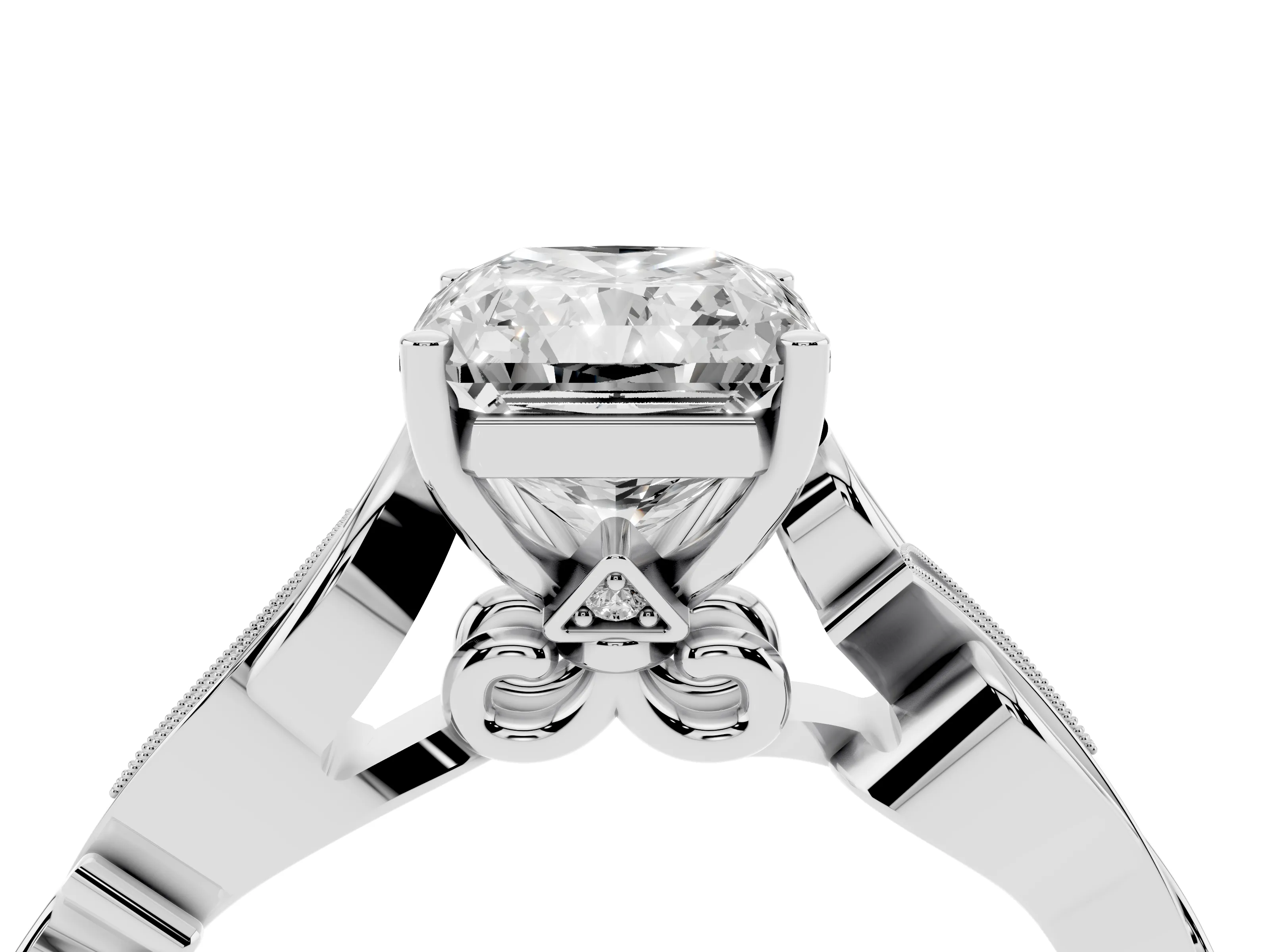 Radiant Cut Diamond Vine Band Solitaire Ring Set in Platinum with Milgrain Prong Setting