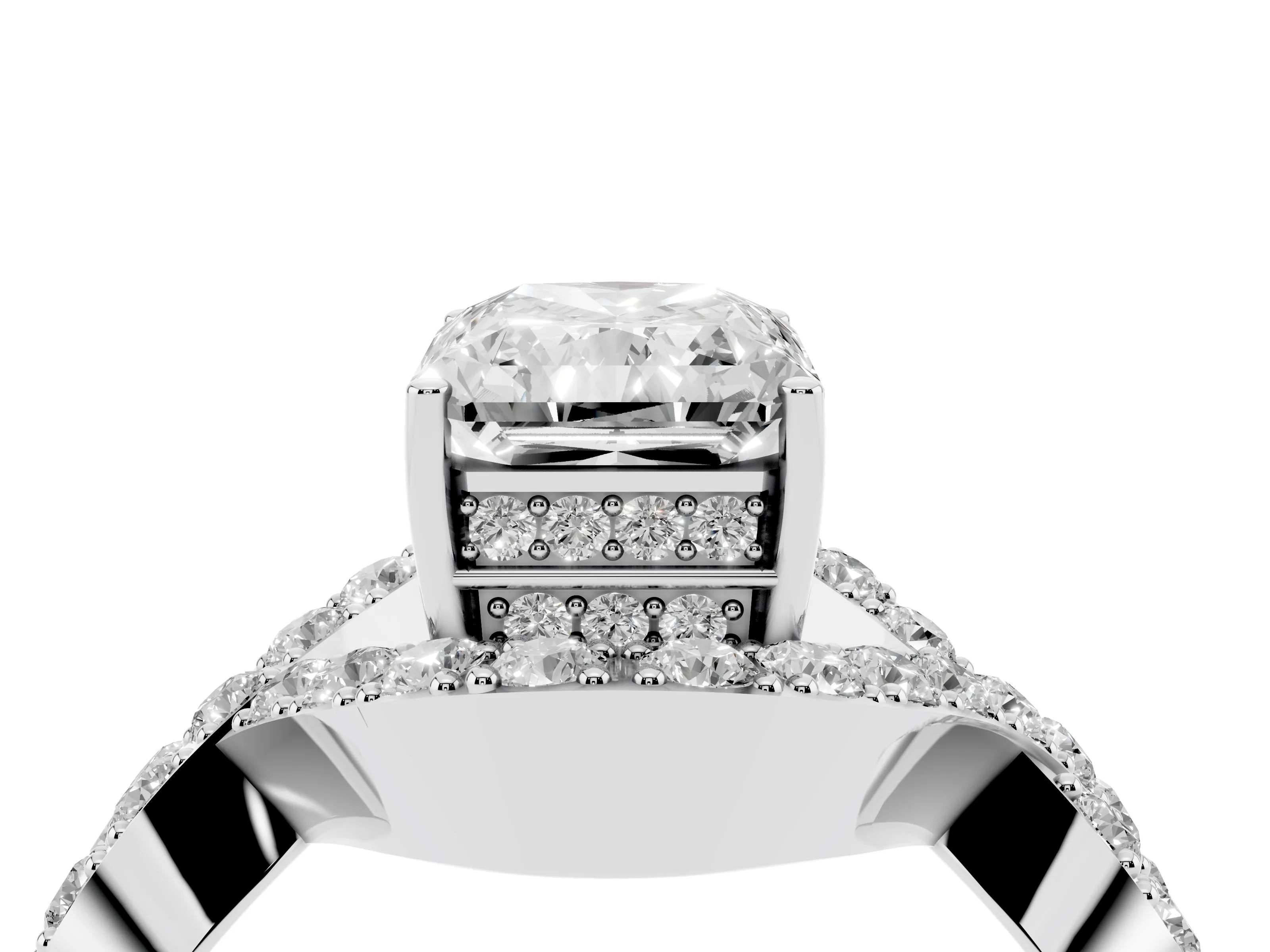 Radiant Cut Diamond Solitaire Twist Band Pavé Engagement Ring Set in Platinum