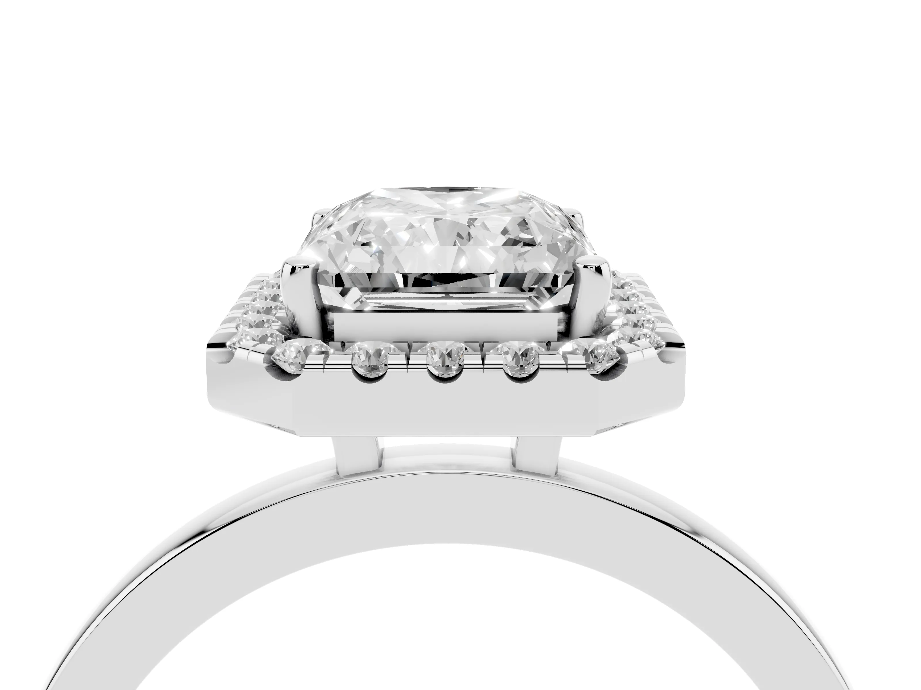 Radiant Cut Diamond Halo Solitaire Ring Set in Platinum with Pavé Band and Prong Setting